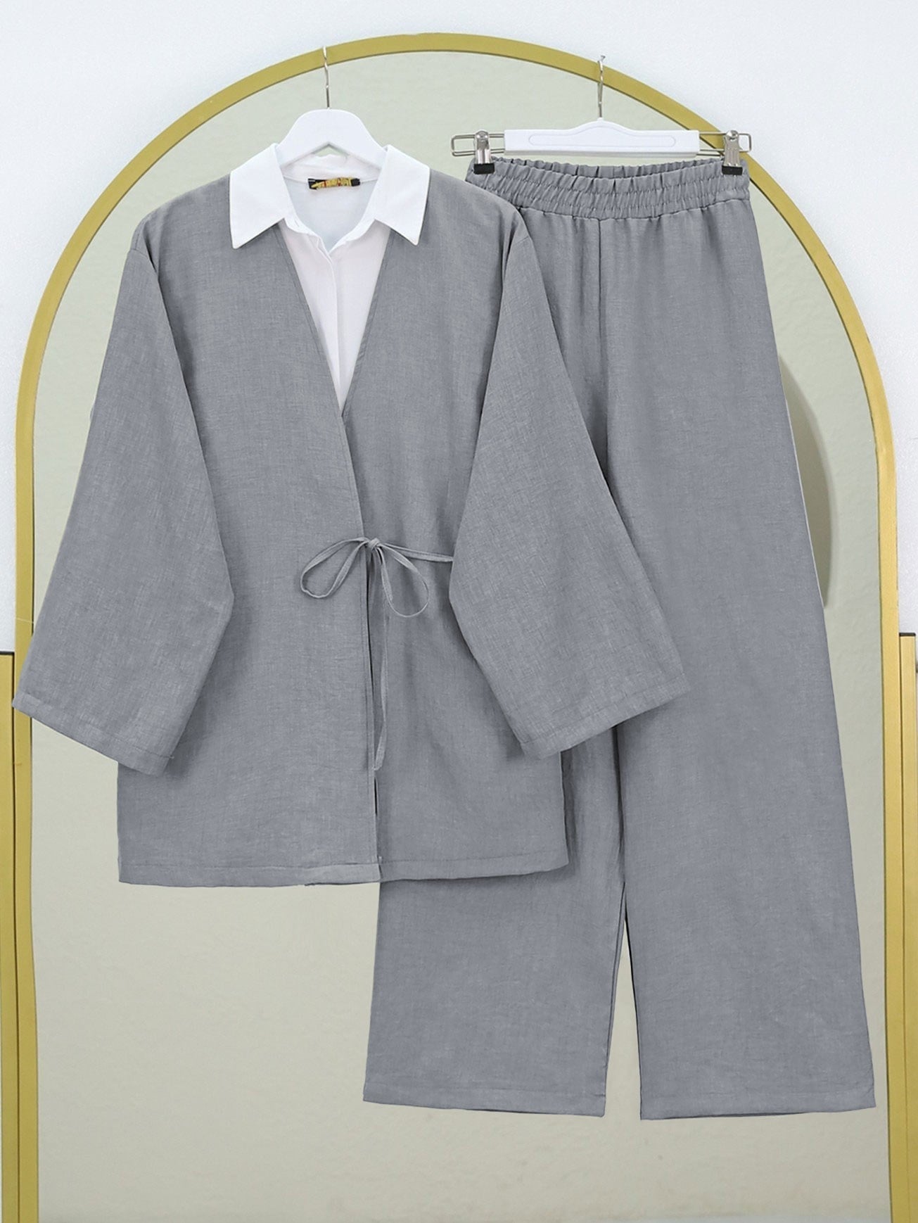 Önden Bağlamalı Pantolonlu Kimono Takım   -Gri