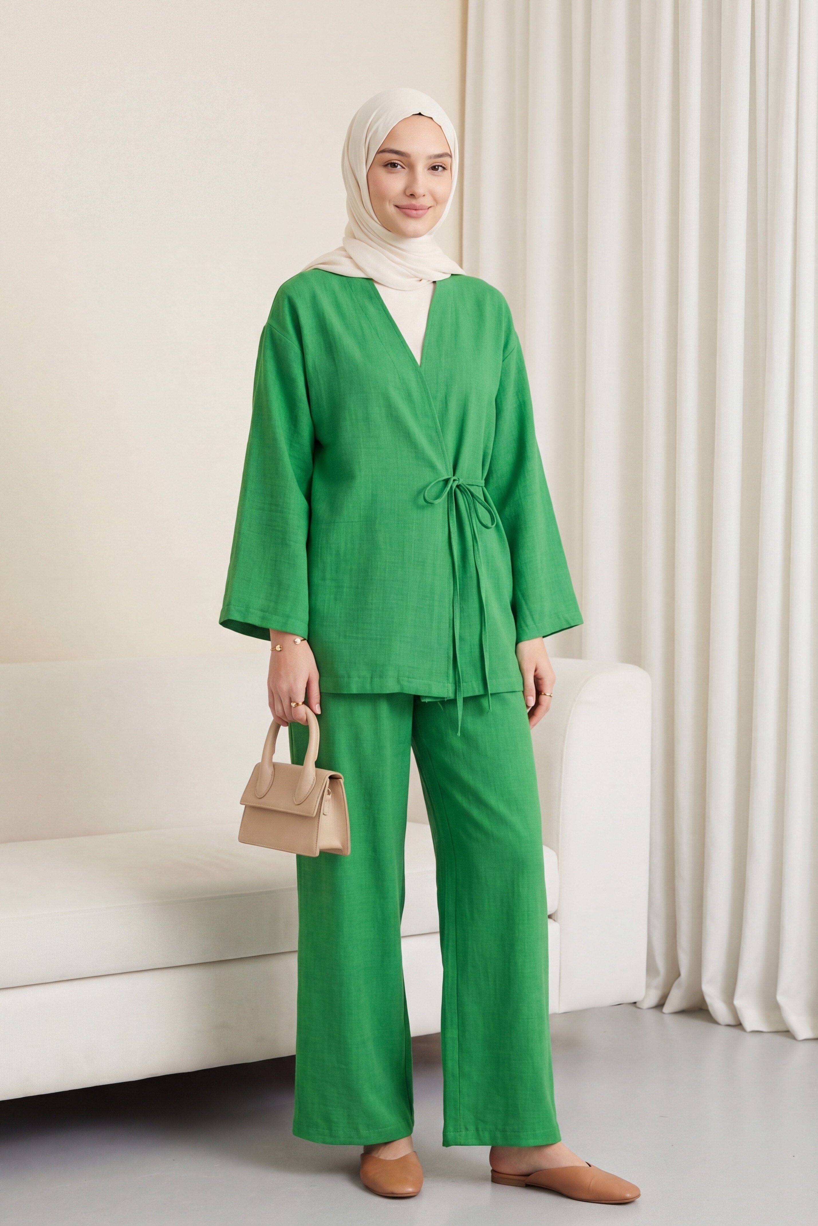 Önden Bağlamalı Pantolonlu Kimono Takım          -Yeşil