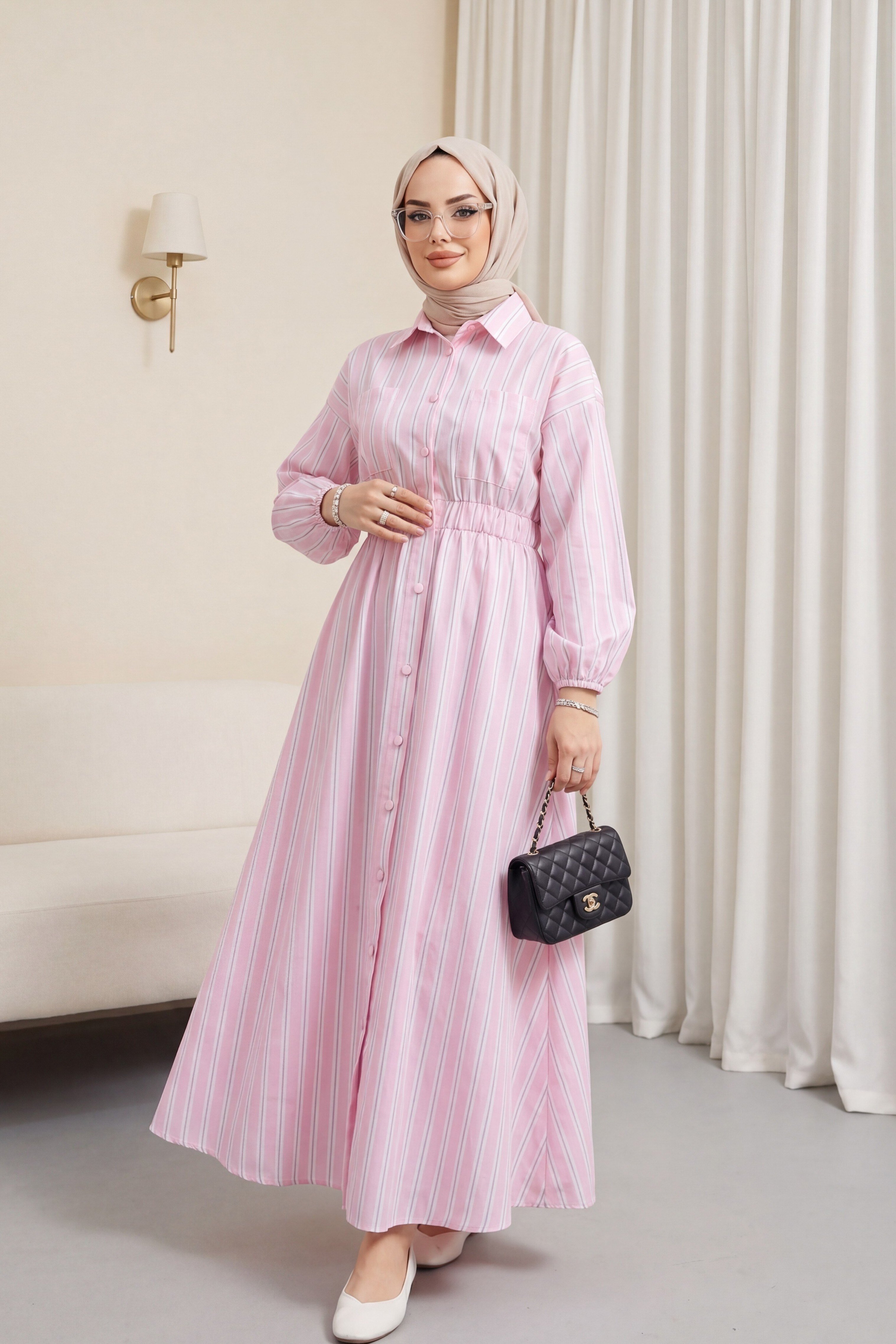 Önden Düğmeli Beli Lastikli Çizgili Elbise -Pembe