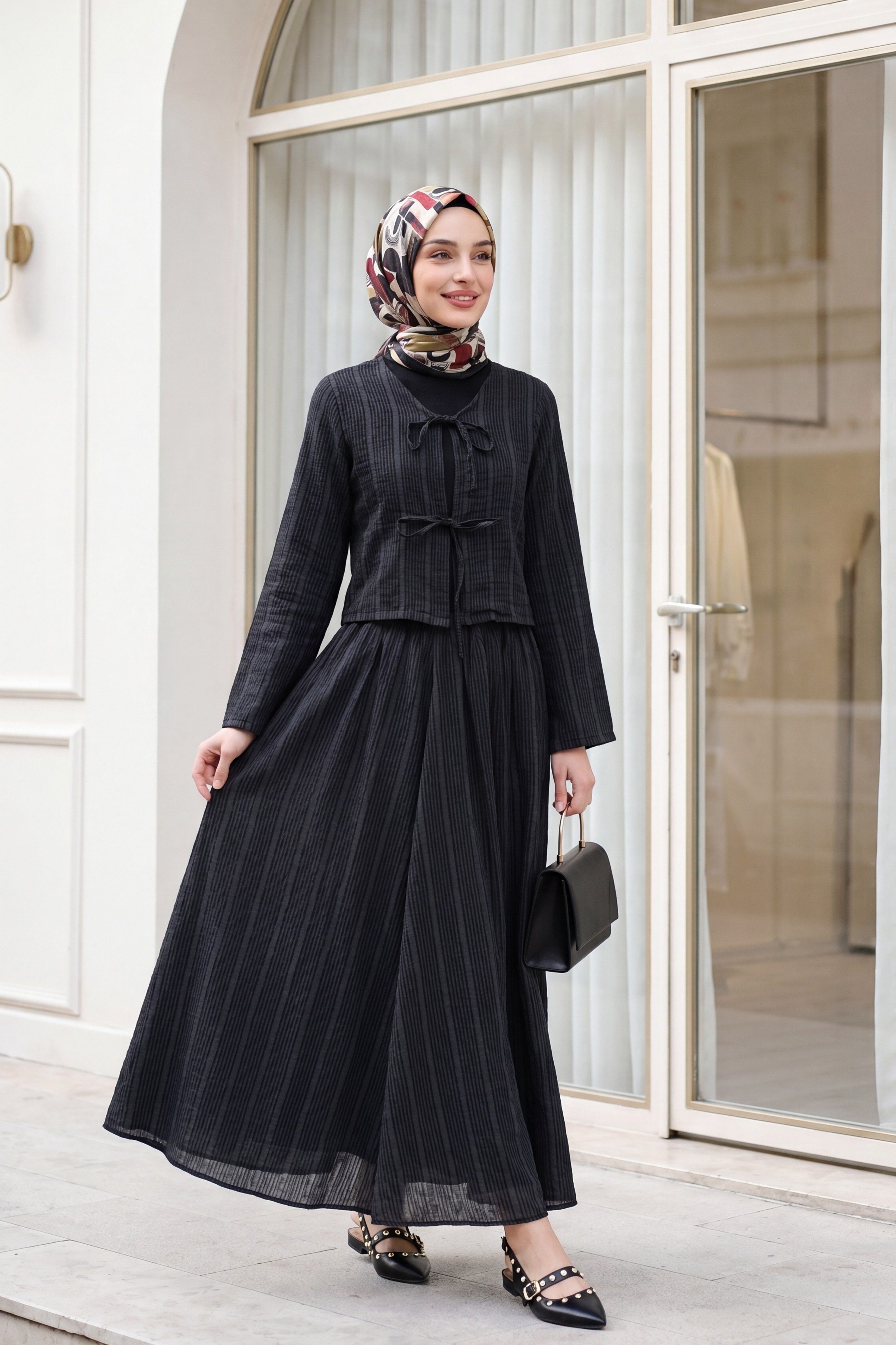 Önü Bağcıklı Eteği Astarlı Bürümcük Kimono Takım -Siyah