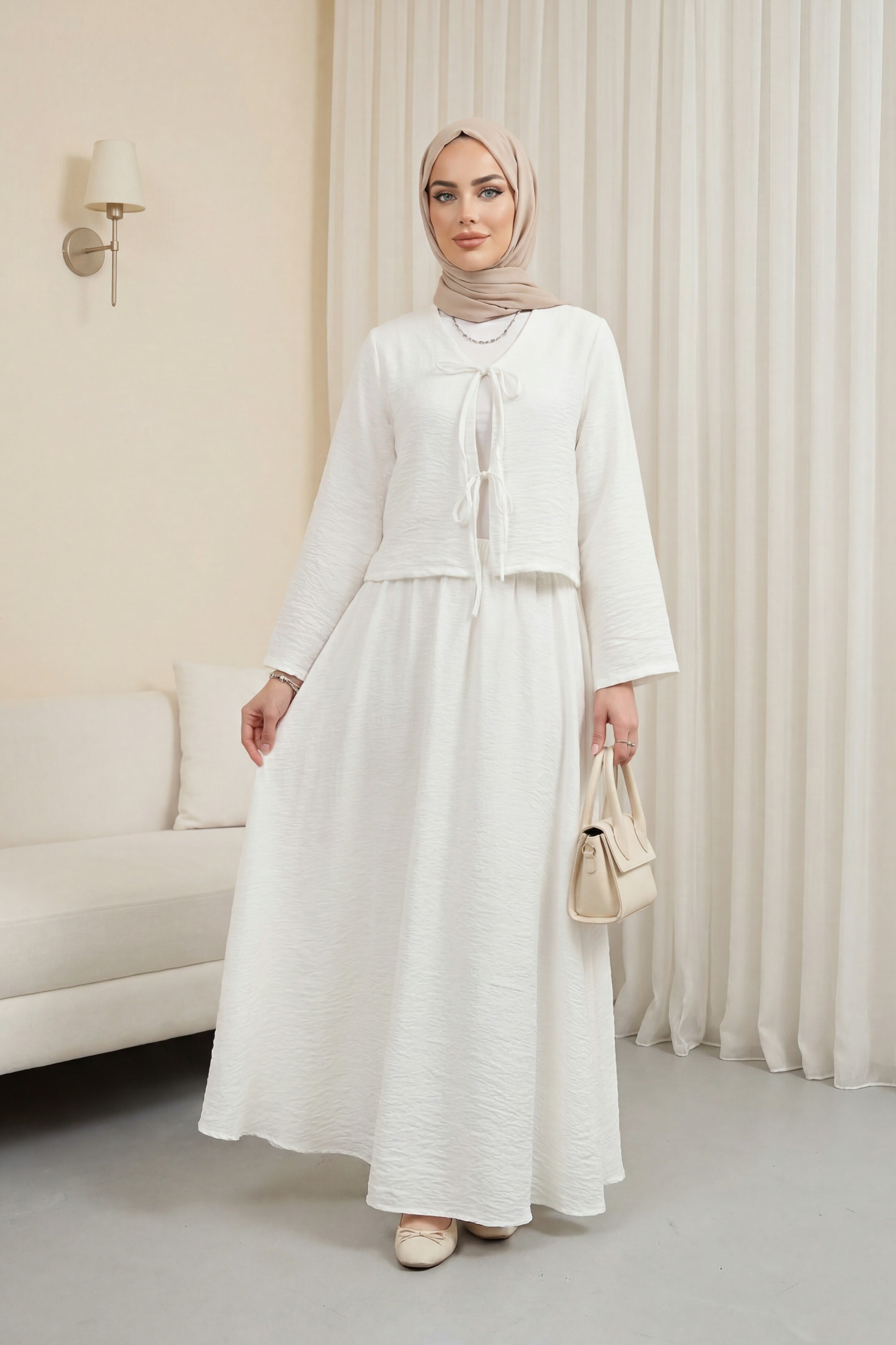 Önü Bağcıklı Eteği Astarlı Bürümcük Kimono Takım -Beyaz