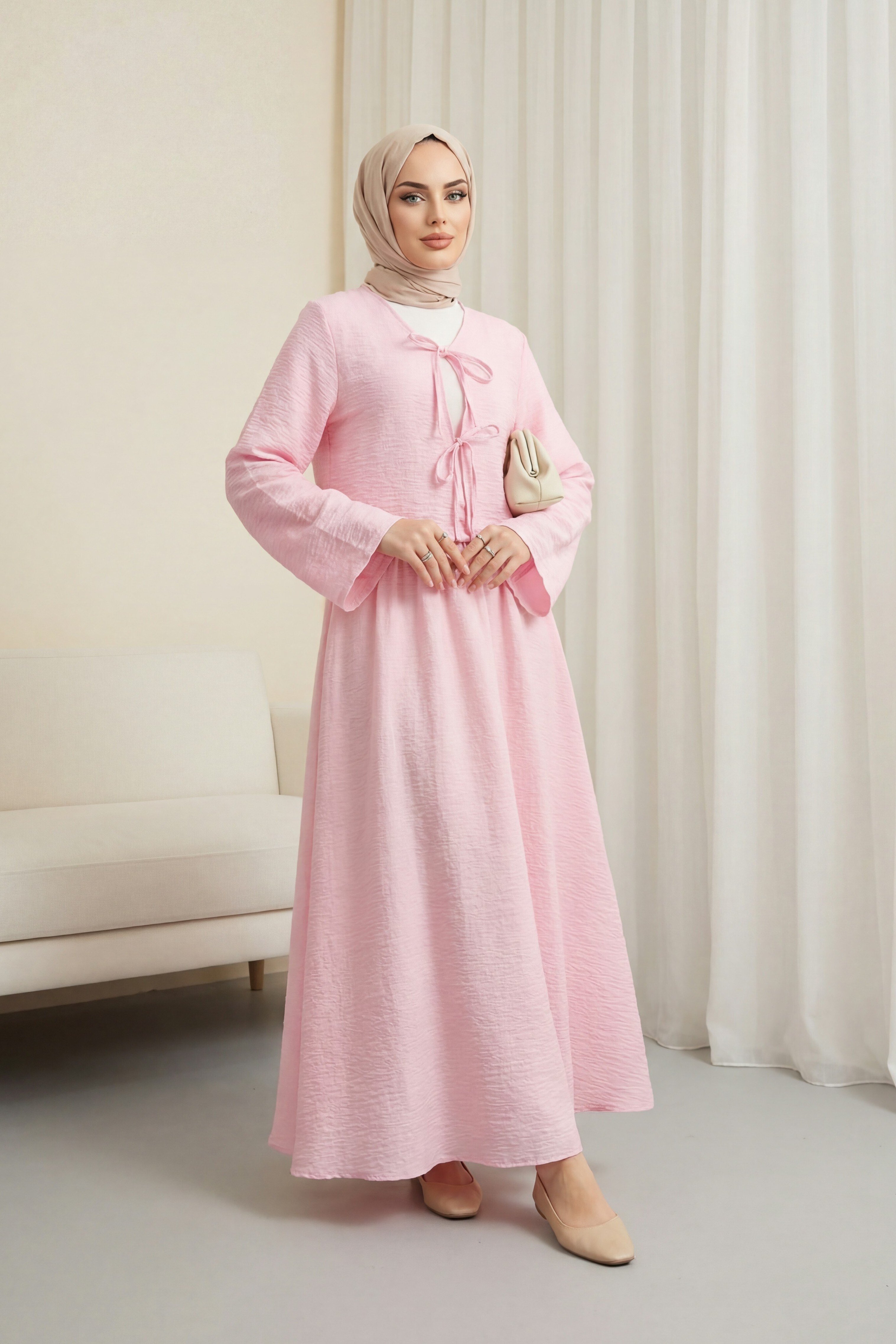 Önü Bağcıklı Eteği Astarlı Bürümcük Kimono Takım -Pembe