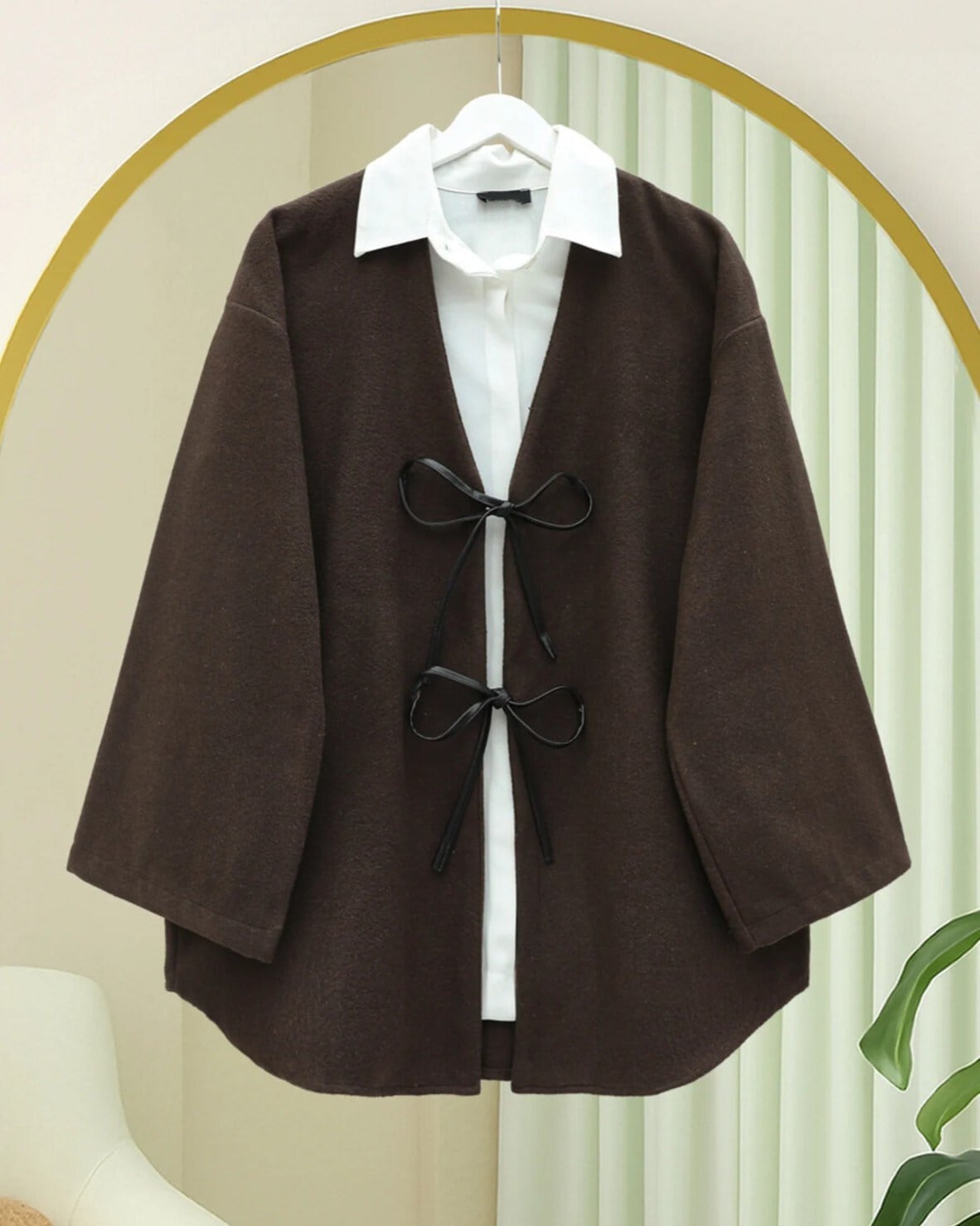 Önü Bağcıklı Oval Kesim Kaşe Kimono     -Kahve