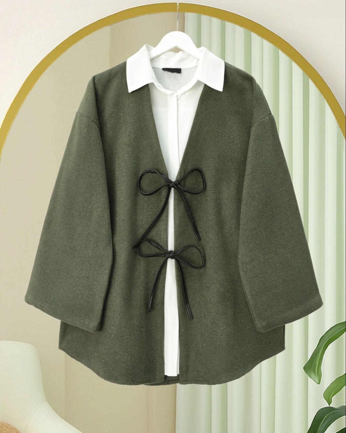 Önü Bağcıklı Oval Kesim Kaşe Kimono     -Haki