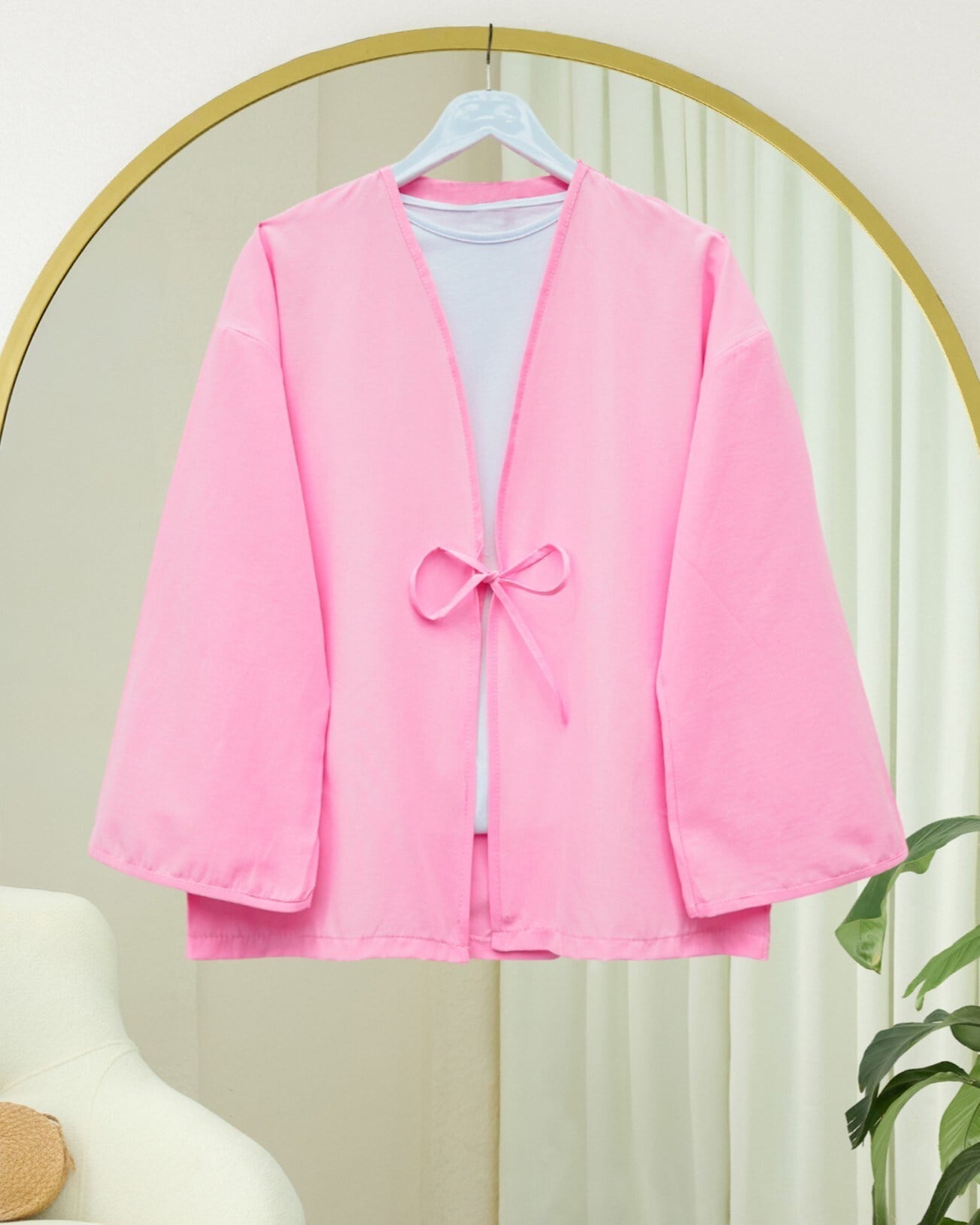 Önü Bağcıklı Poplin Kimono -Pembe