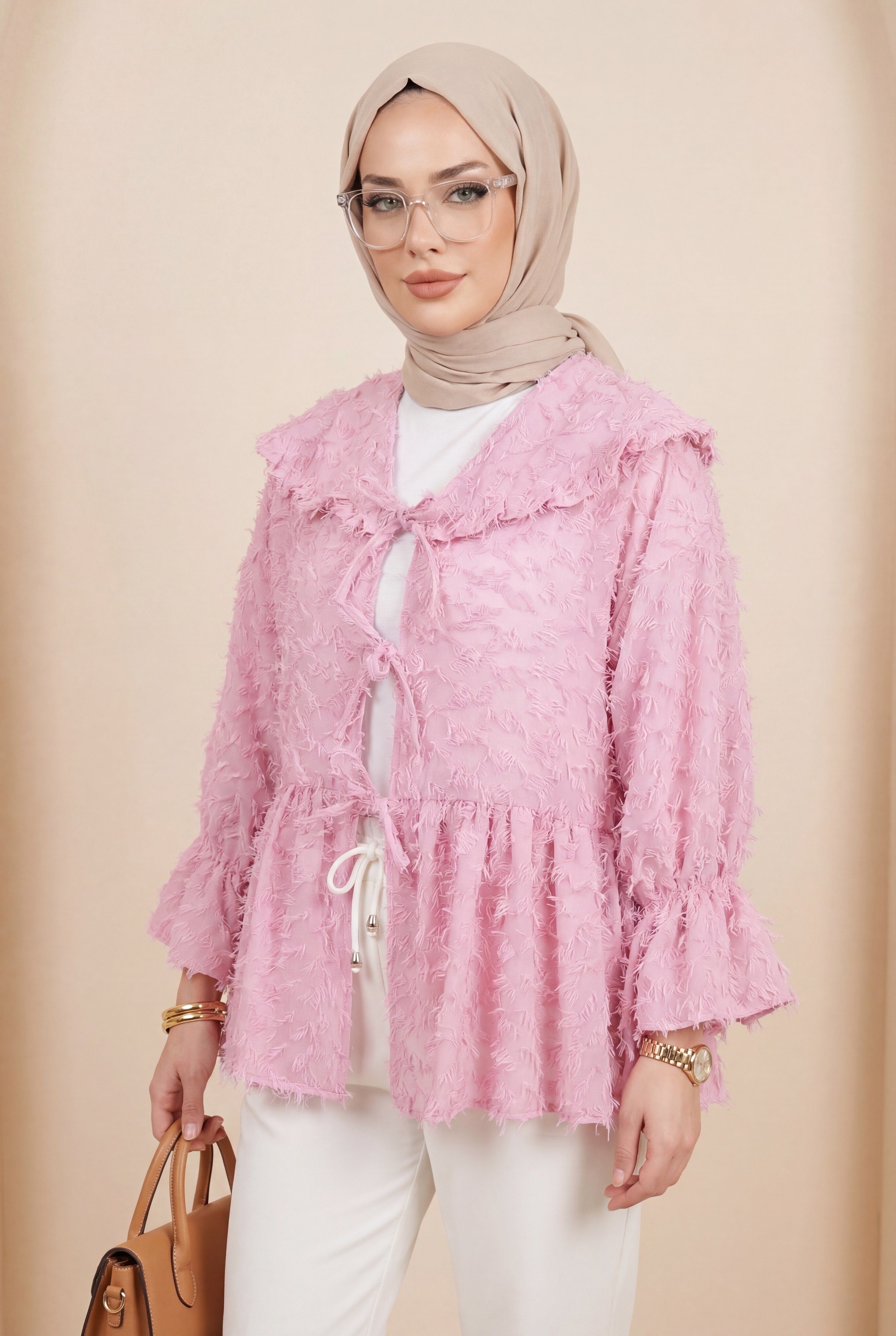 Önü Bağcıklı Tüylü Dokulu Clip Jakar Kimono -Pembe