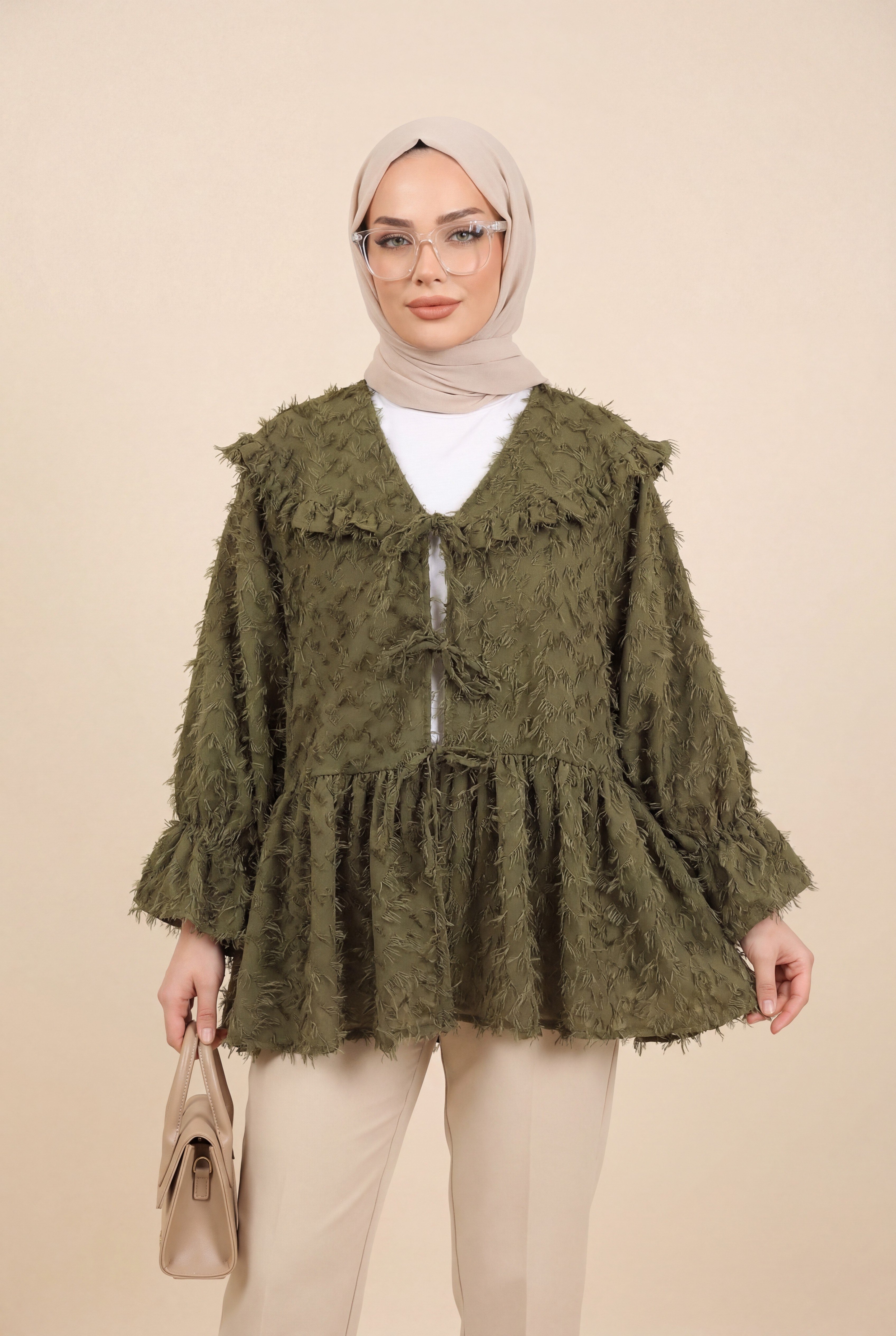 Önü Bağcıklı Tüylü Dokulu Clip Jakar Kimono -Haki