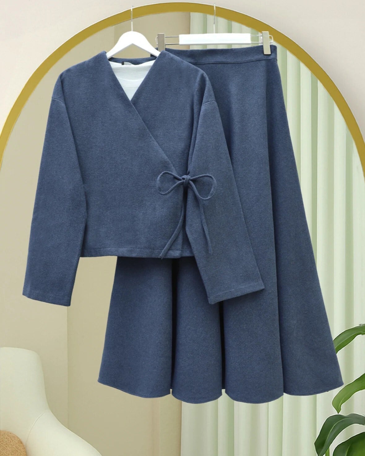 Önü Bağlamalı Etekli Kaşe Kimono Takım -İndigo