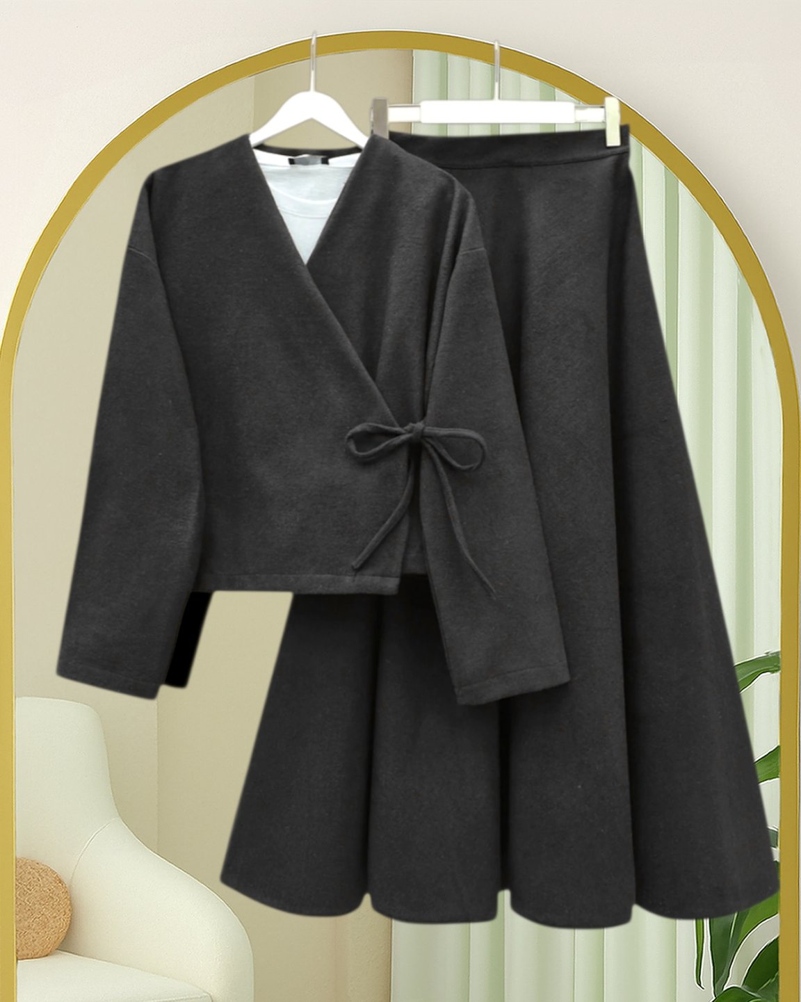 Önü Bağlamalı Etekli Kaşe Kimono Takım  -Siyah