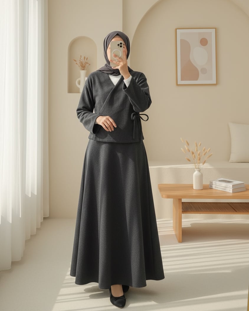 Önü Bağlamalı Etekli Kaşe Kimono Takım -Antrasit