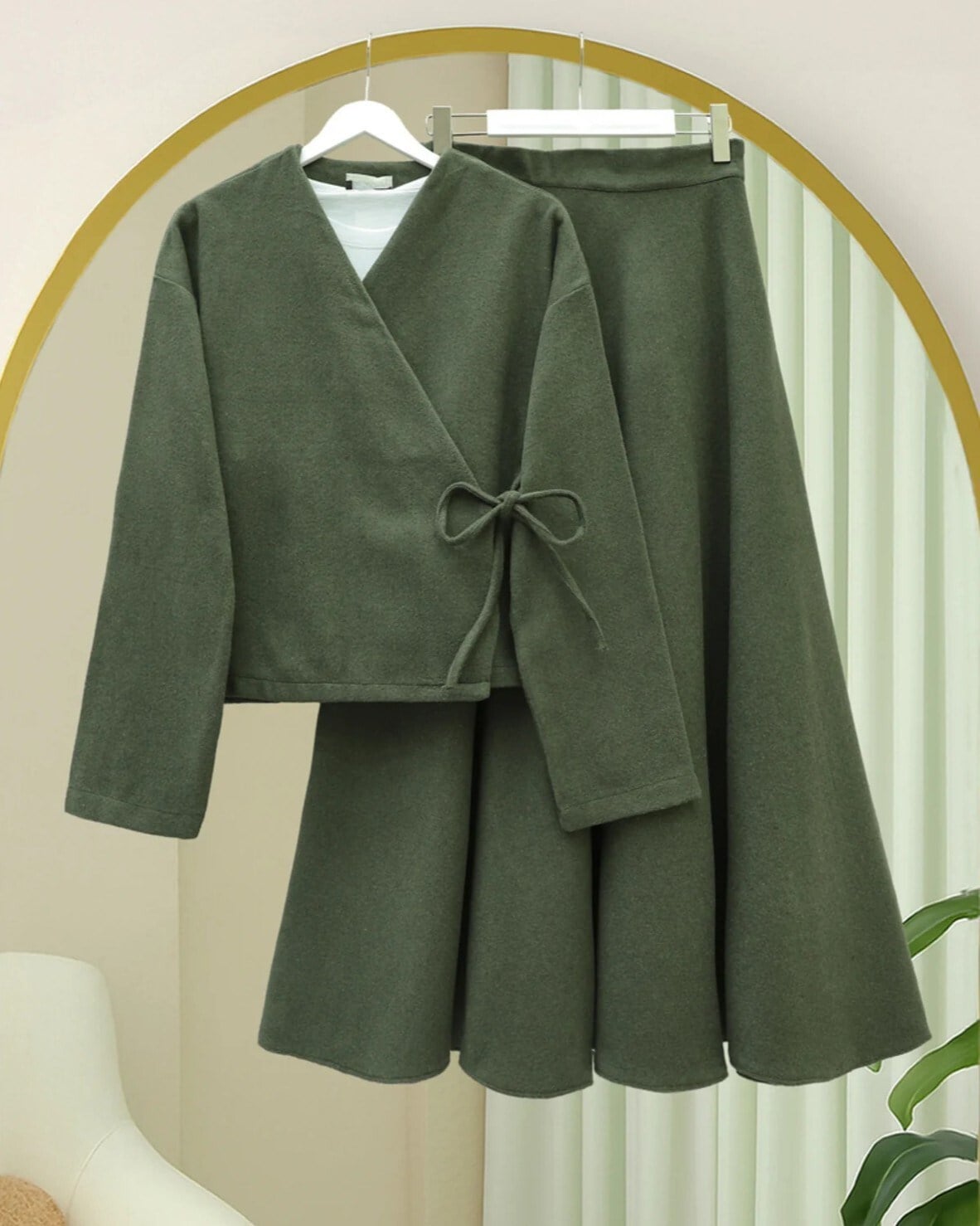 Önü Bağlamalı Etekli Kaşe Kimono Takım -Haki