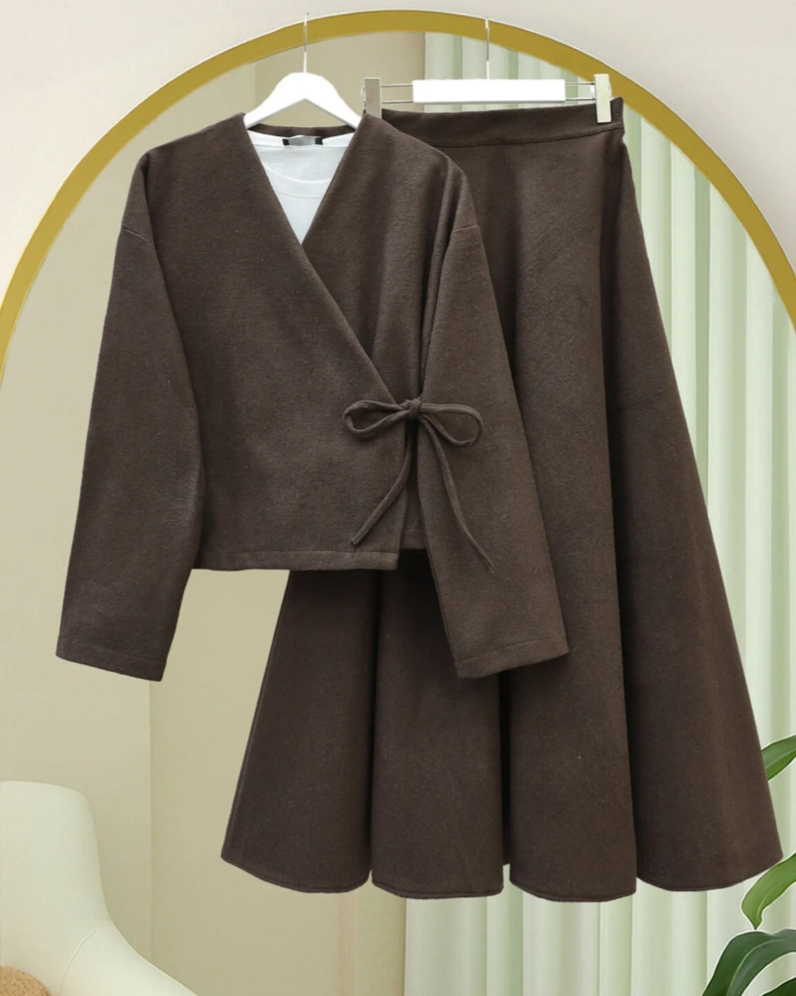 Önü Bağlamalı Etekli Kaşe Kimono Takım -Kahve