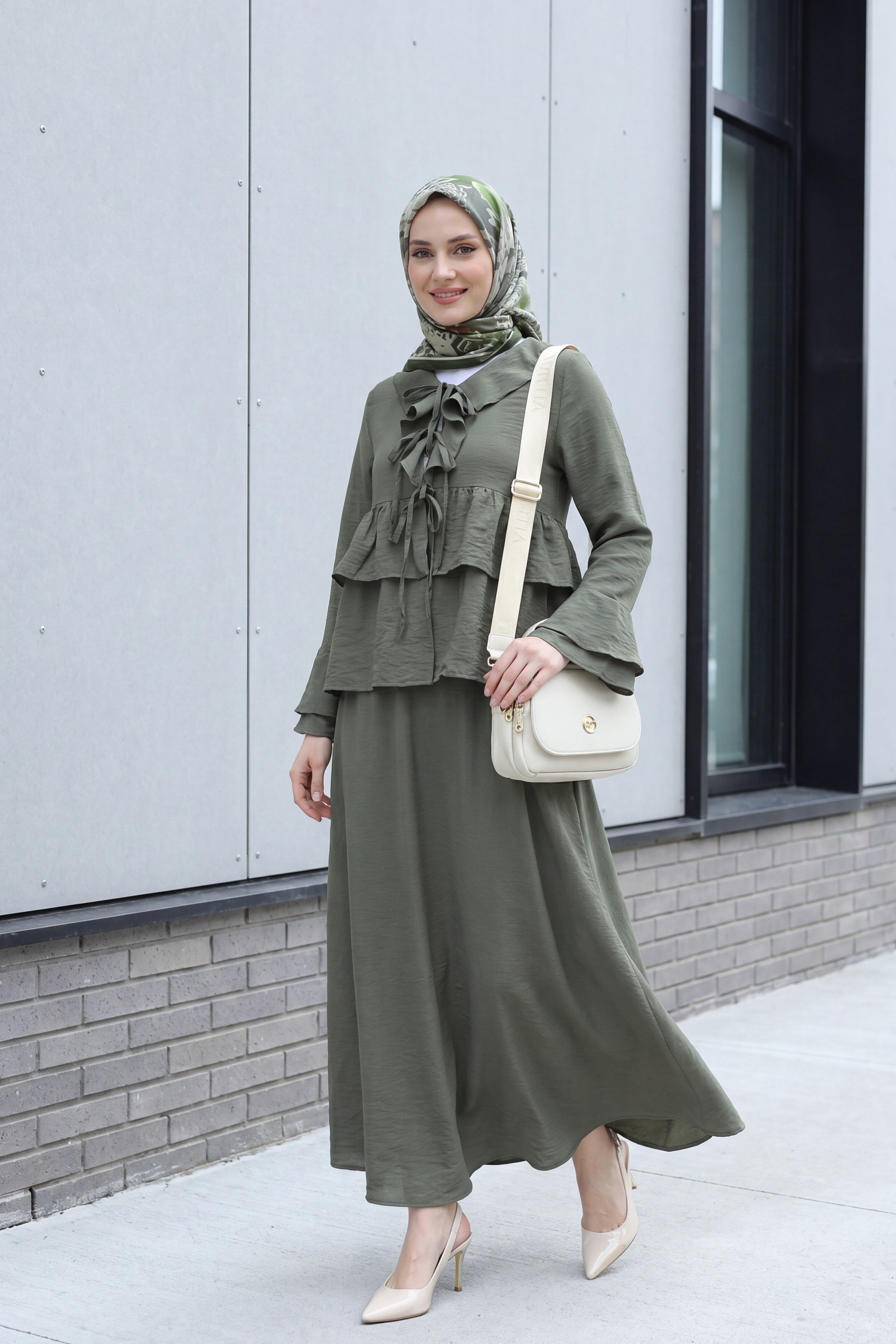 Önü Bağlamalı Fırfırlı İspanyol Kol Etekli Cupra Kimono Takım -Haki
