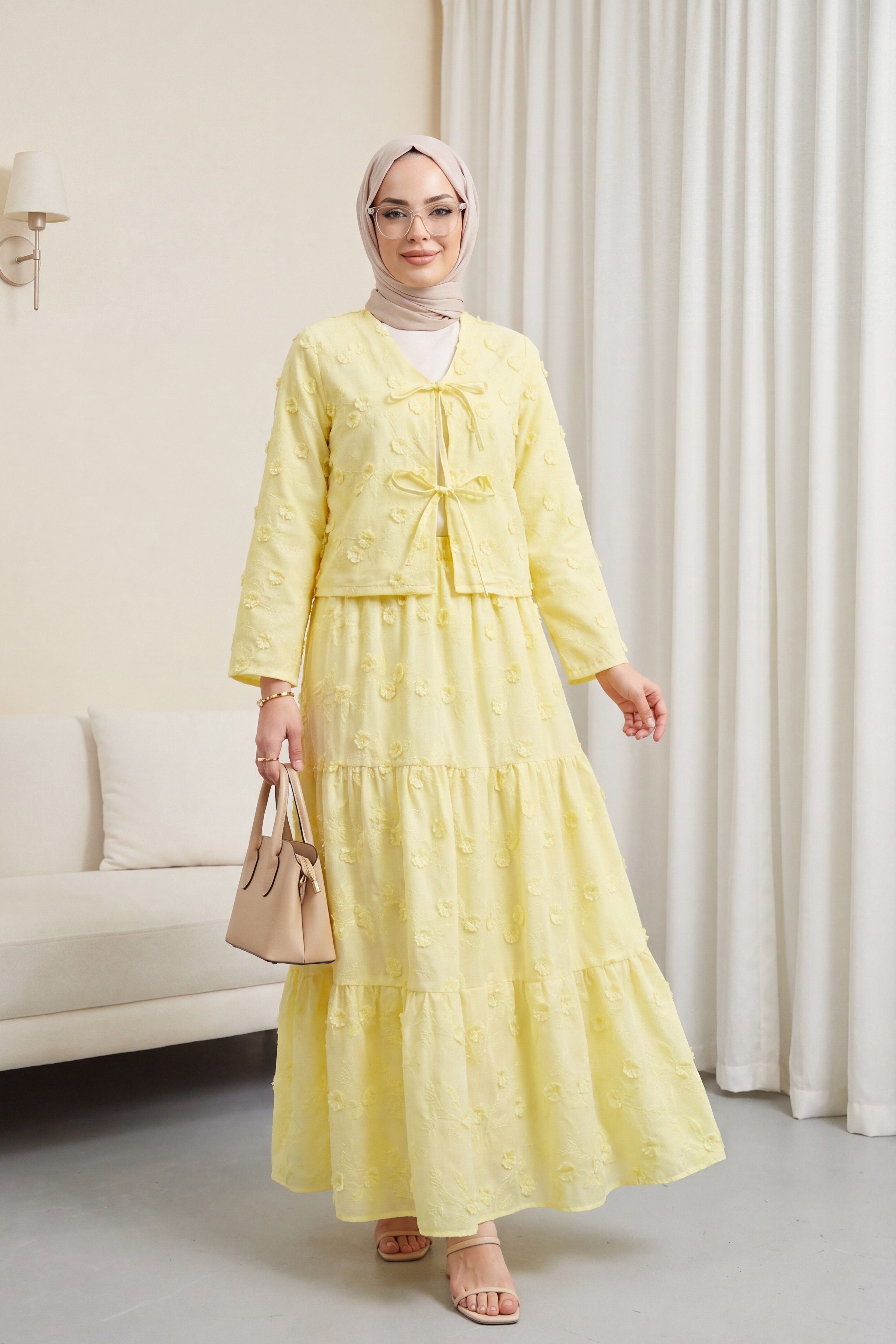 Önü Bağlamalı Kabartma Çiçek Nakışlı Eteği Astarlı Keten Görünümlü Kimono Takım  -Sarı
