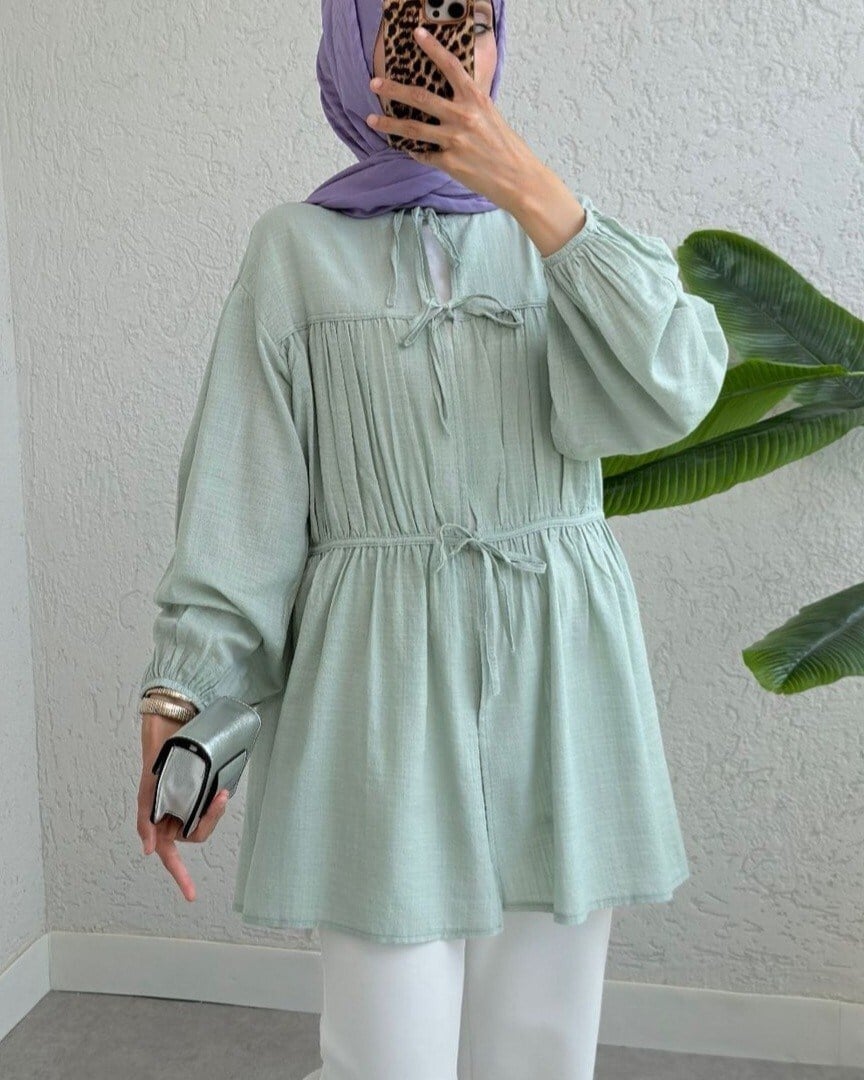 Önü Bağlamalı Kolları Lastikli Gömlek -Mint