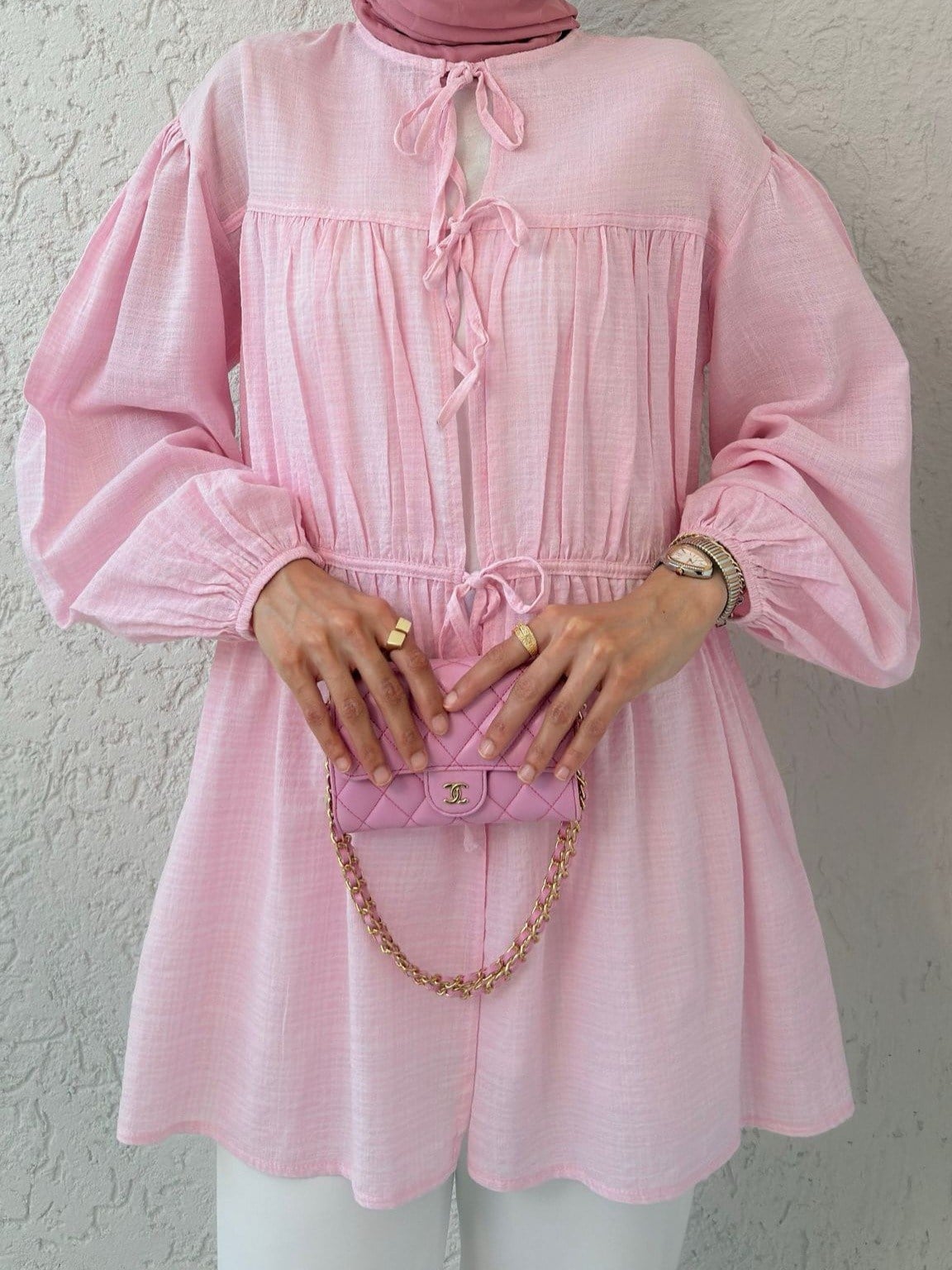 Önü Bağlamalı Kolları Lastikli Gömlek -Pembe