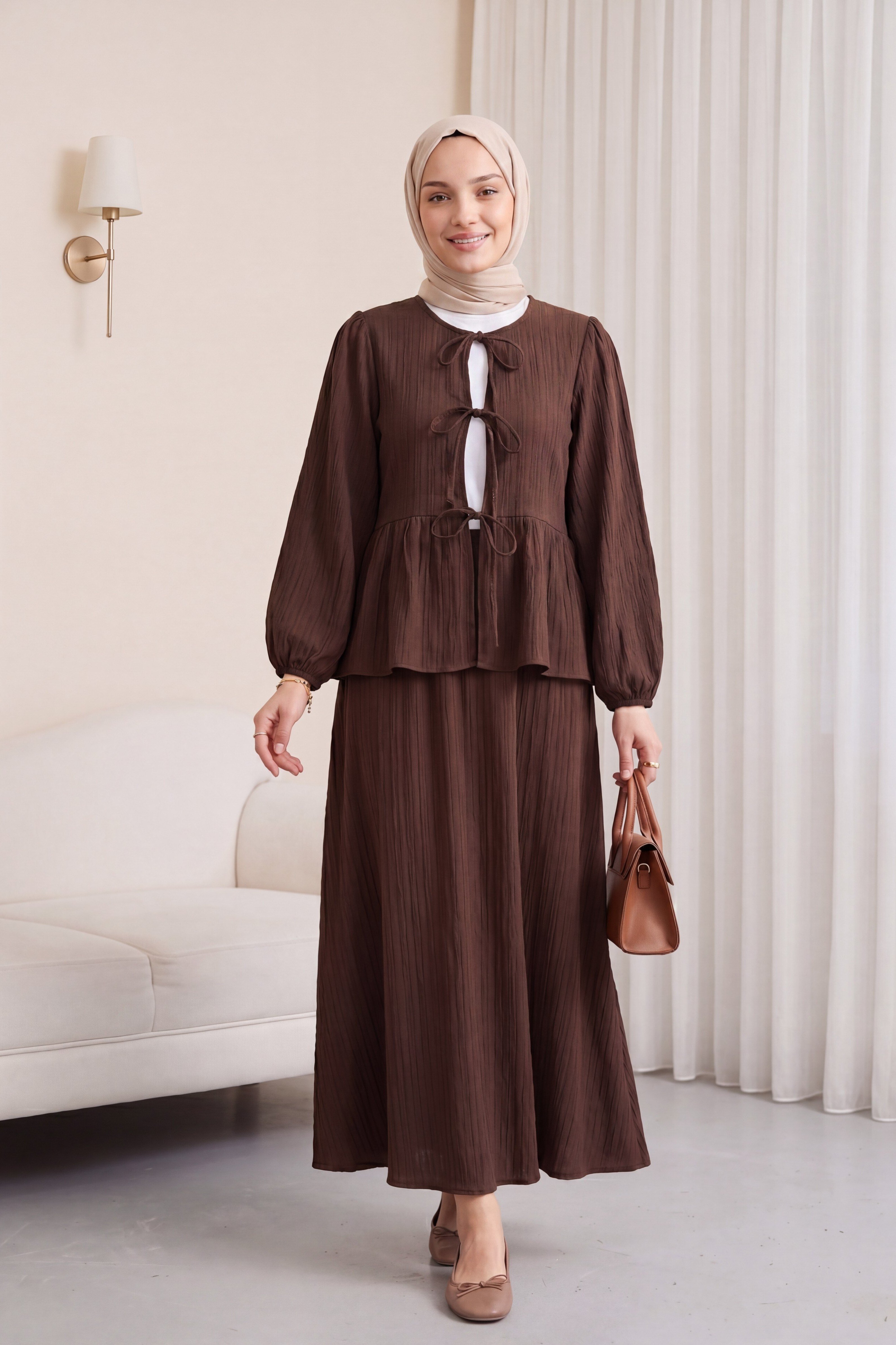 Önü Bağlamalı Kolu Lastikli Etekli Krinkıl Kimono Takım -Kahverengi