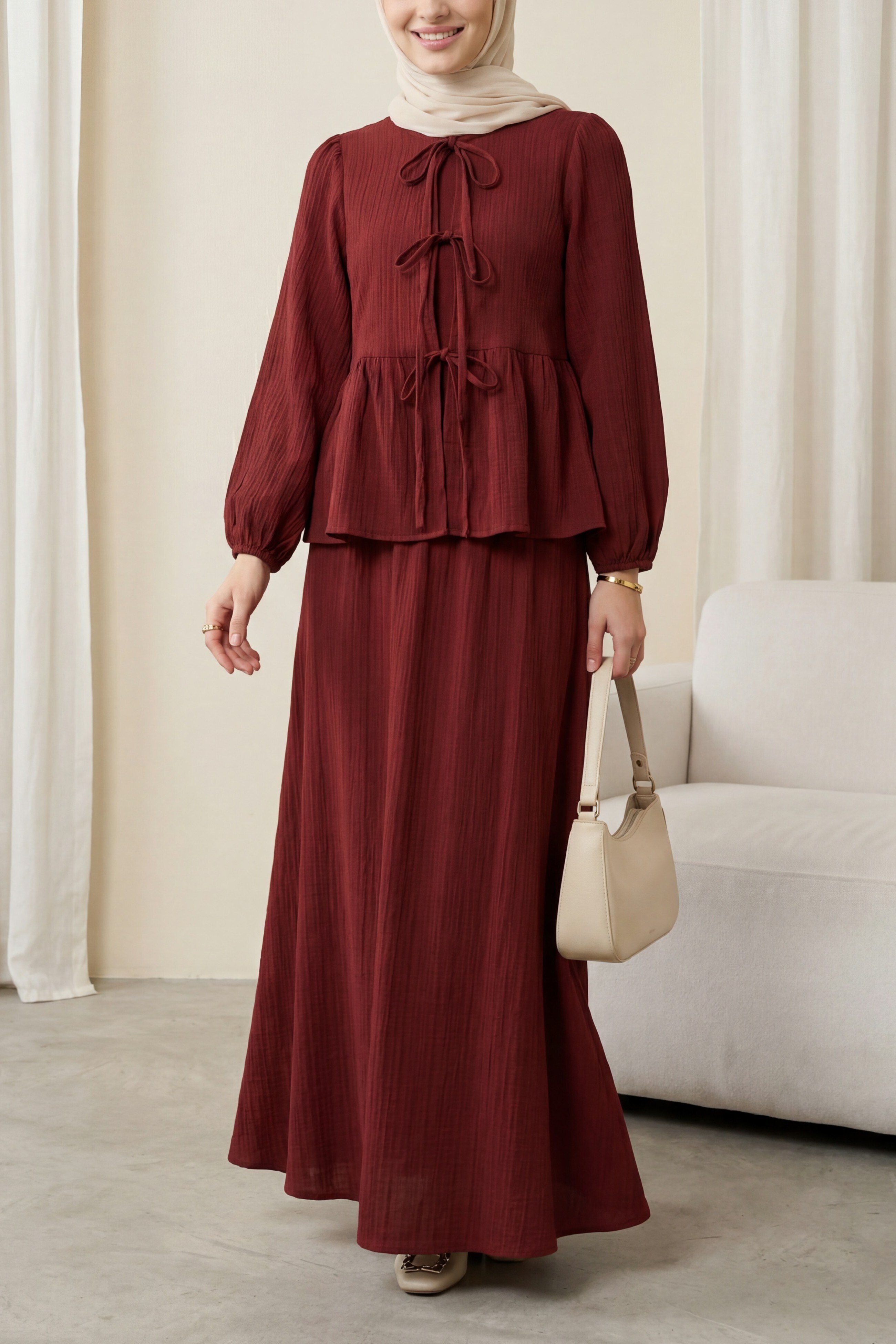 Önü Bağlamalı Kolu Lastikli Etekli Krinkıl Kimono Takım -Bordo