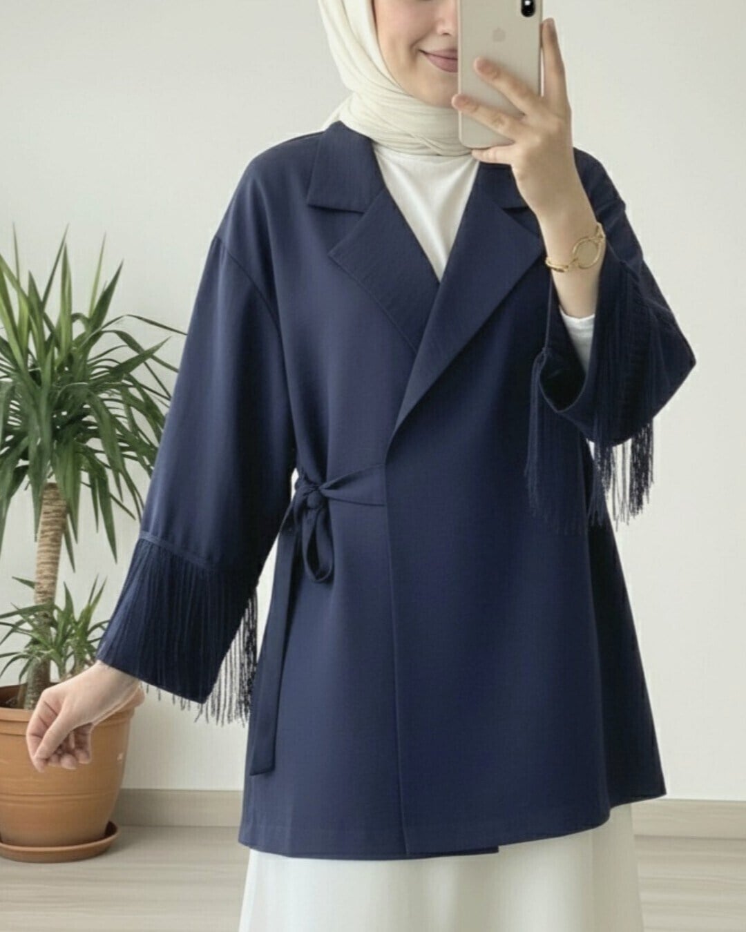 Önü Bağlamalı Kolu Püskül Detaylı Kimono Ceket -Lacivert
