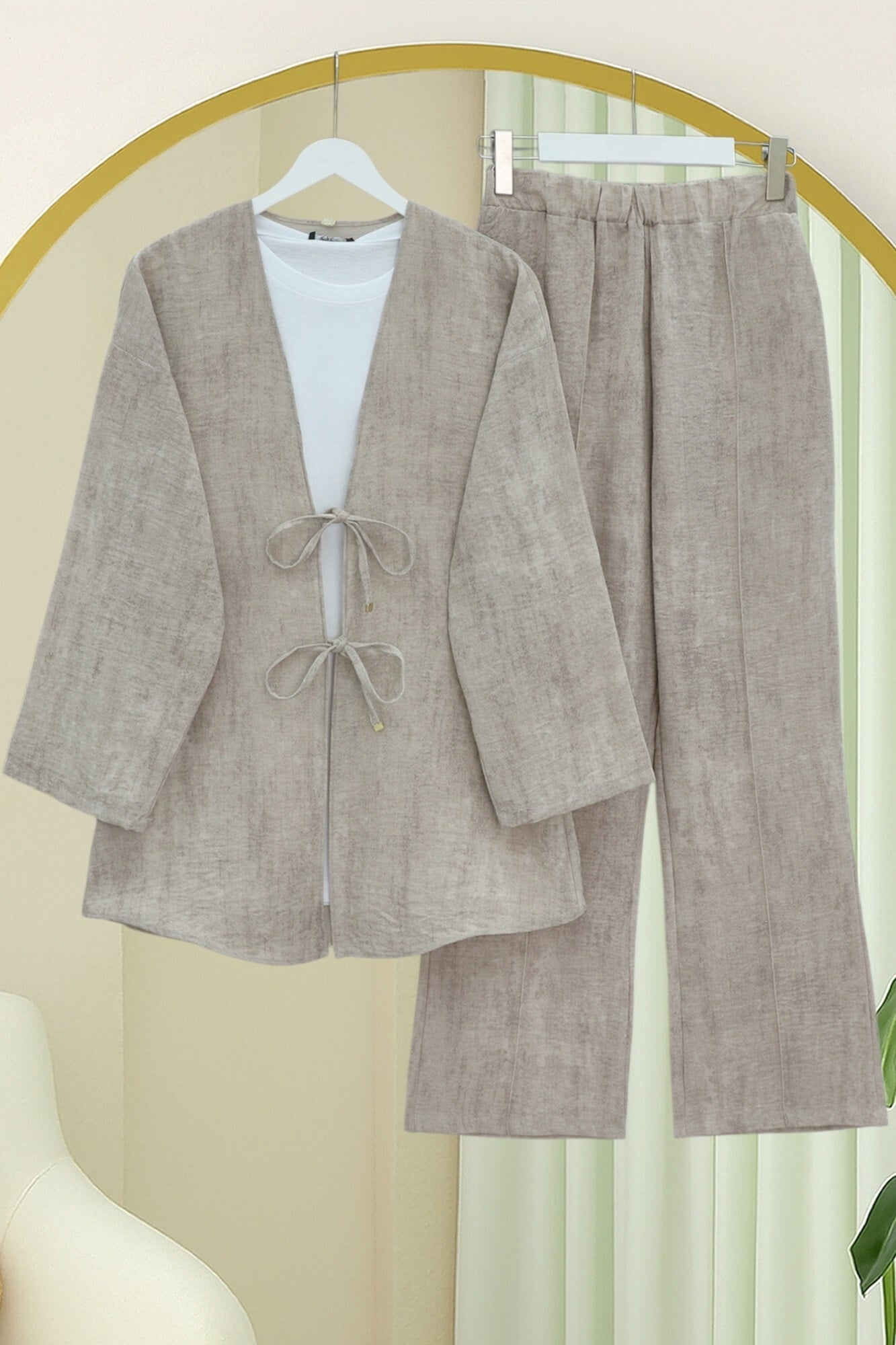 Önü Bağlamalı Pantolonlu Keten Görünümlü Kimono Takım  -Vizon