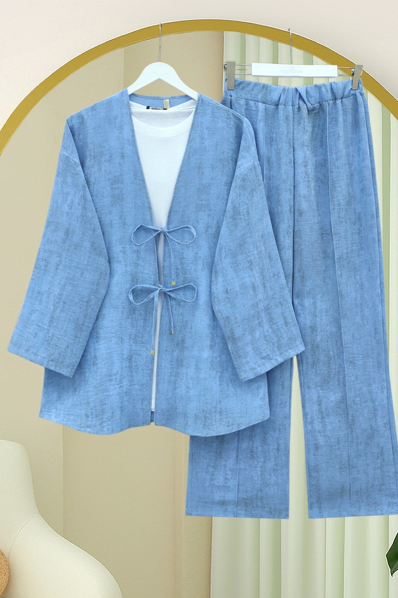 Önü Bağlamalı Pantolonlu Keten Görünümlü Kimono Takım  -Mavi