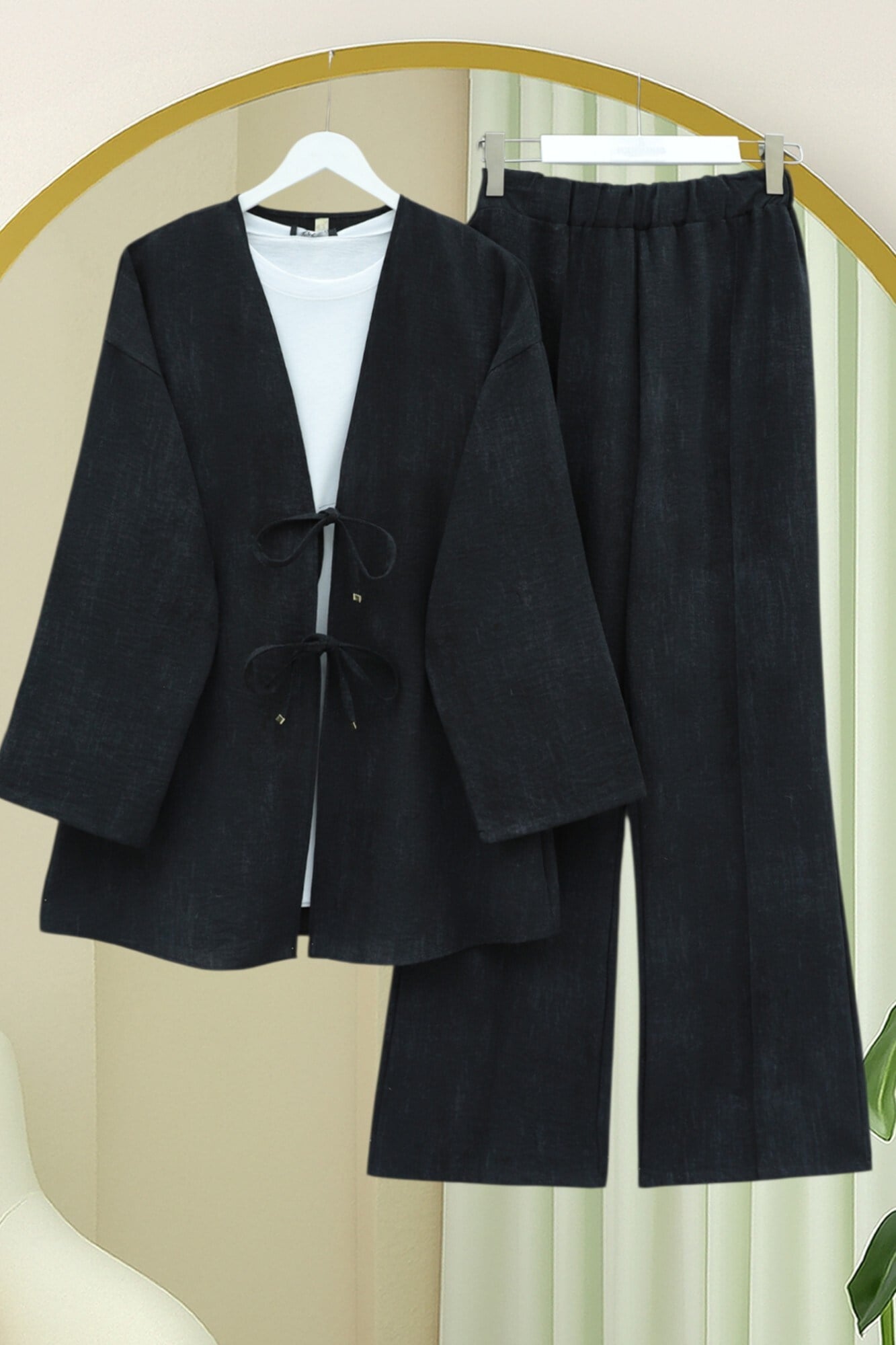 Önü Bağlamalı Pantolonlu Keten Görünümlü Kimono Takım  -Siyah
