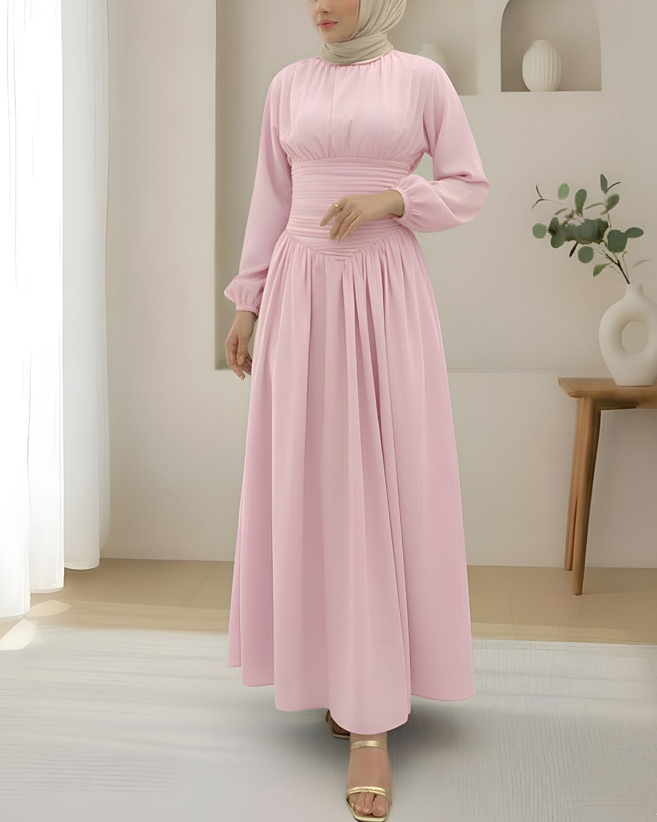 Önü Büzgülü Kolu Lastikli Fermuarlı Poplin Elbise -Pembe