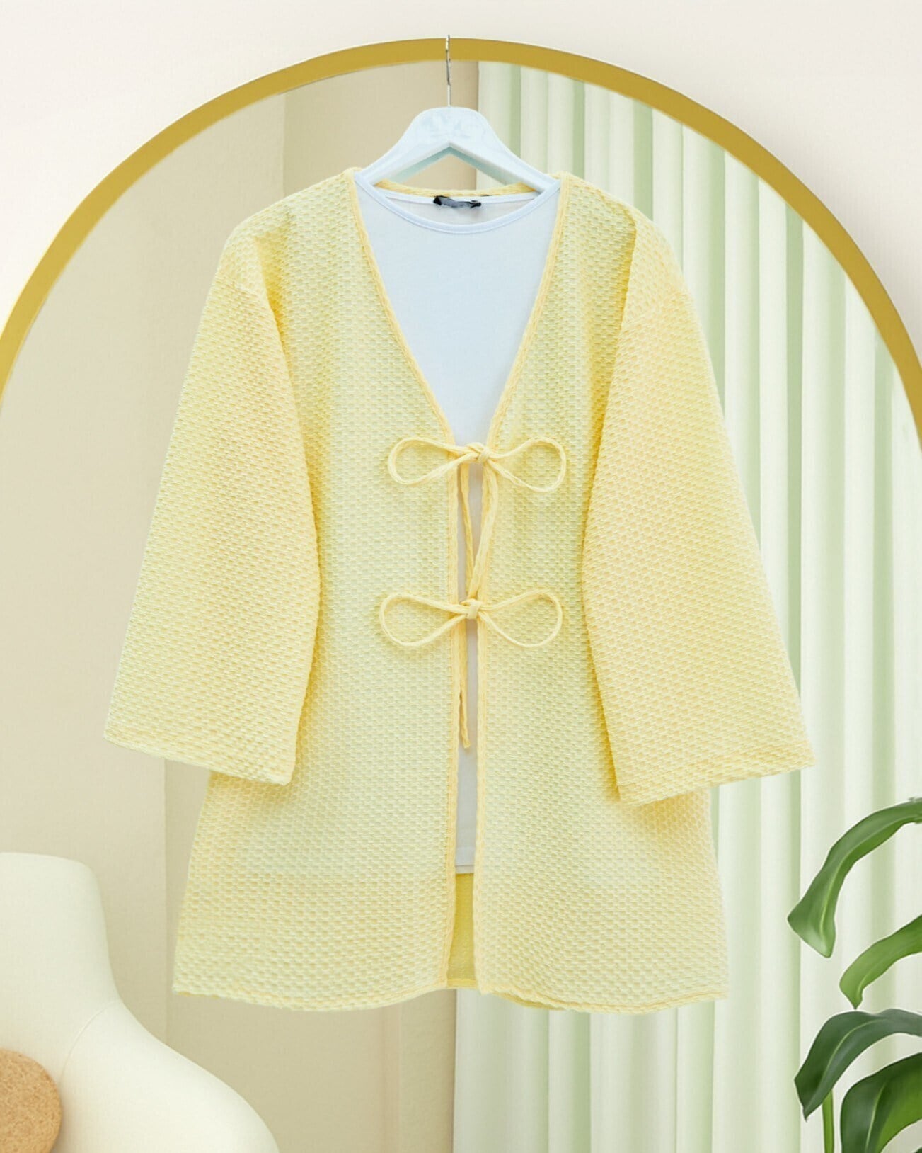 Önü Çift Bağcıklı Petek Desen Kimono -Açık Sarı