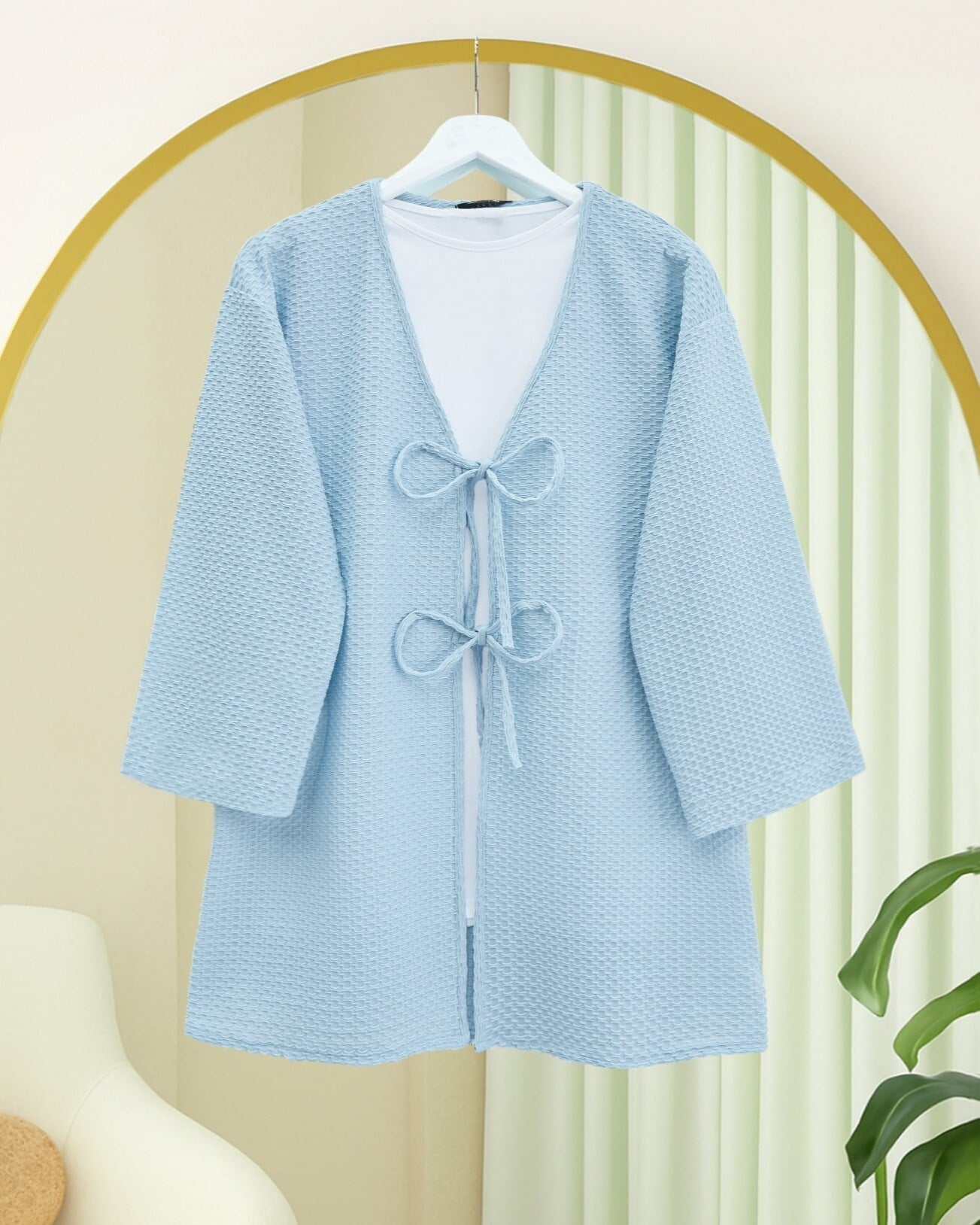 Önü Çift Bağcıklı Petek Desen Kimono -Bebe Mavi