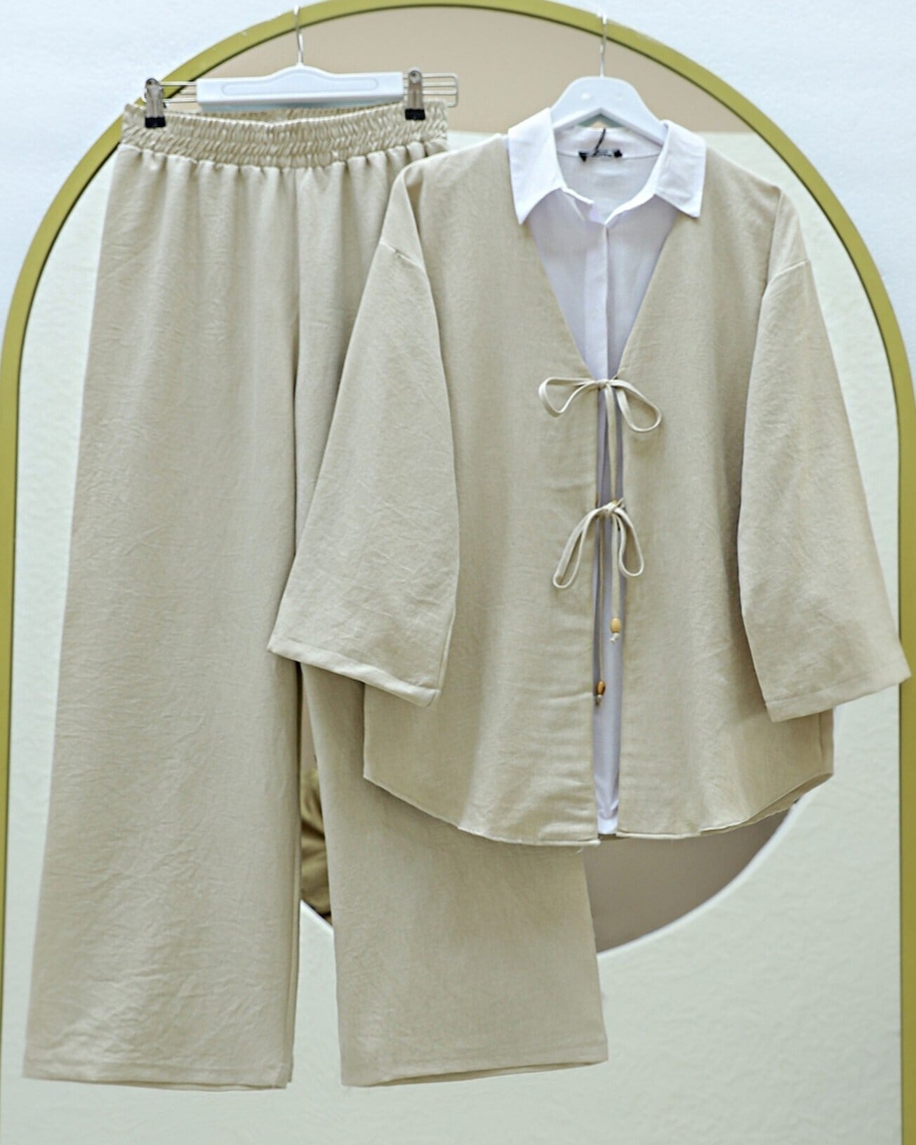 Önü Çift Bağlamalı Pantolonlu Kimono Takım -Bej