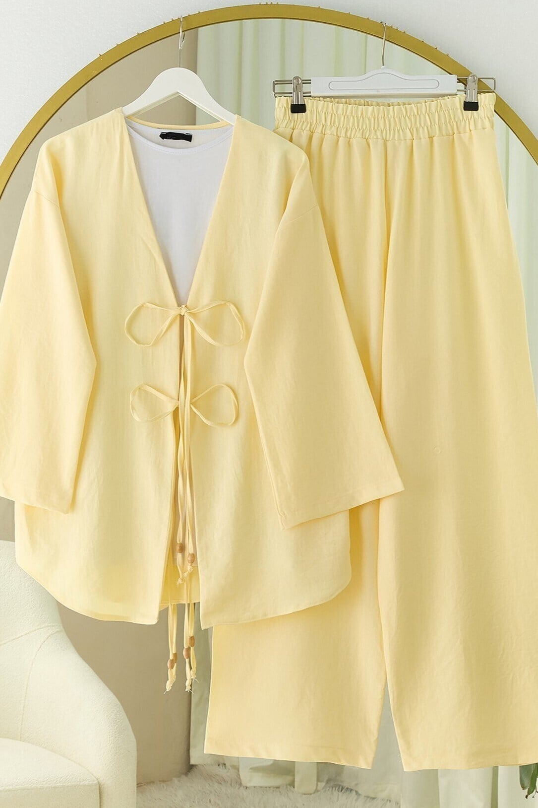 Önü Çift Bağlamalı Pantolonlu Kimono Takım       -Açık Sarı