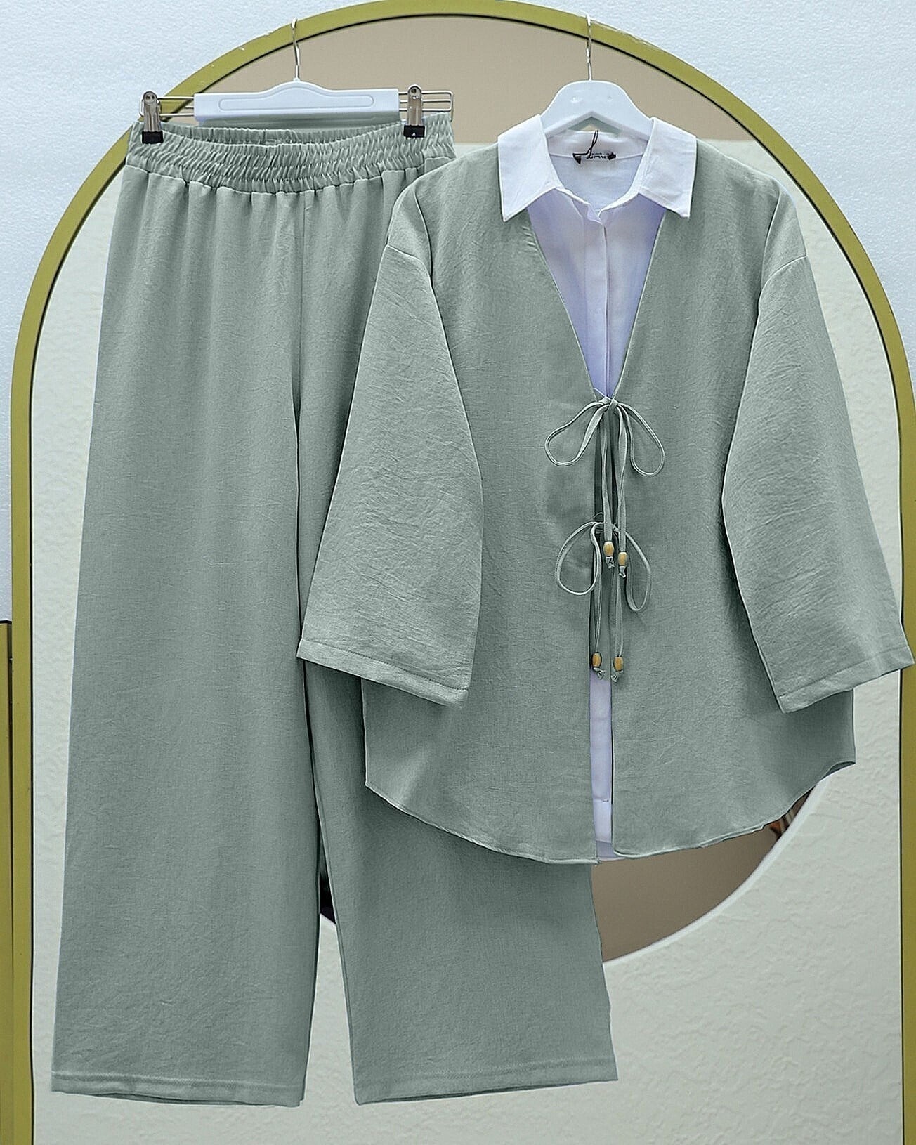 Önü Çift Bağlamalı Pantolonlu Kimono Takım  -Mint