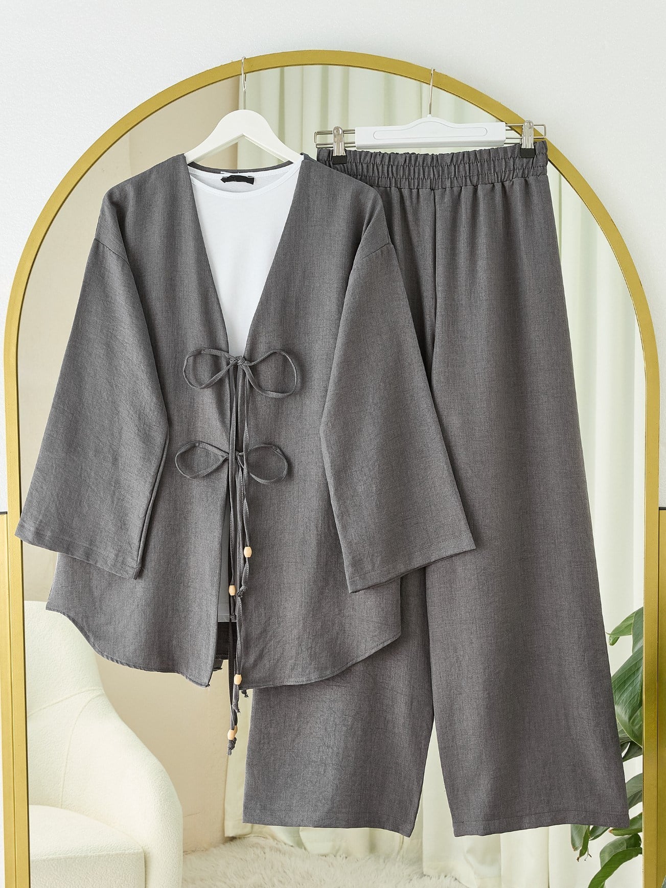 Önü Çift Bağlamalı Pantolonlu Kimono Takım       -Antrasit