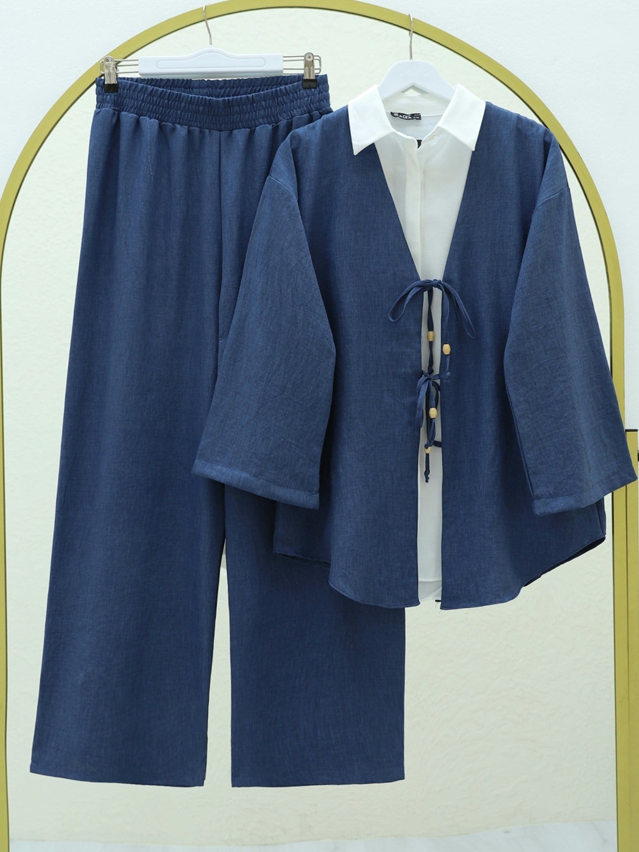 Önü Çift Bağlamalı Pantolonlu Kimono Takım   -İndigo