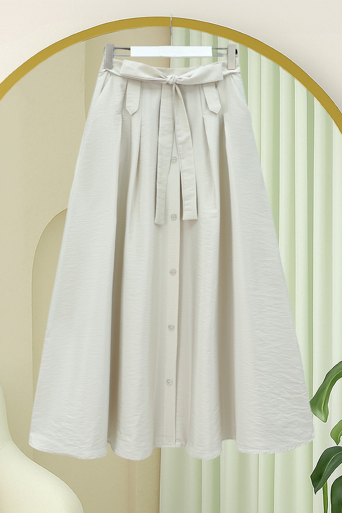 Önü Düğmeli Bağcıklı Paraşüt Etek -Taş rengi
