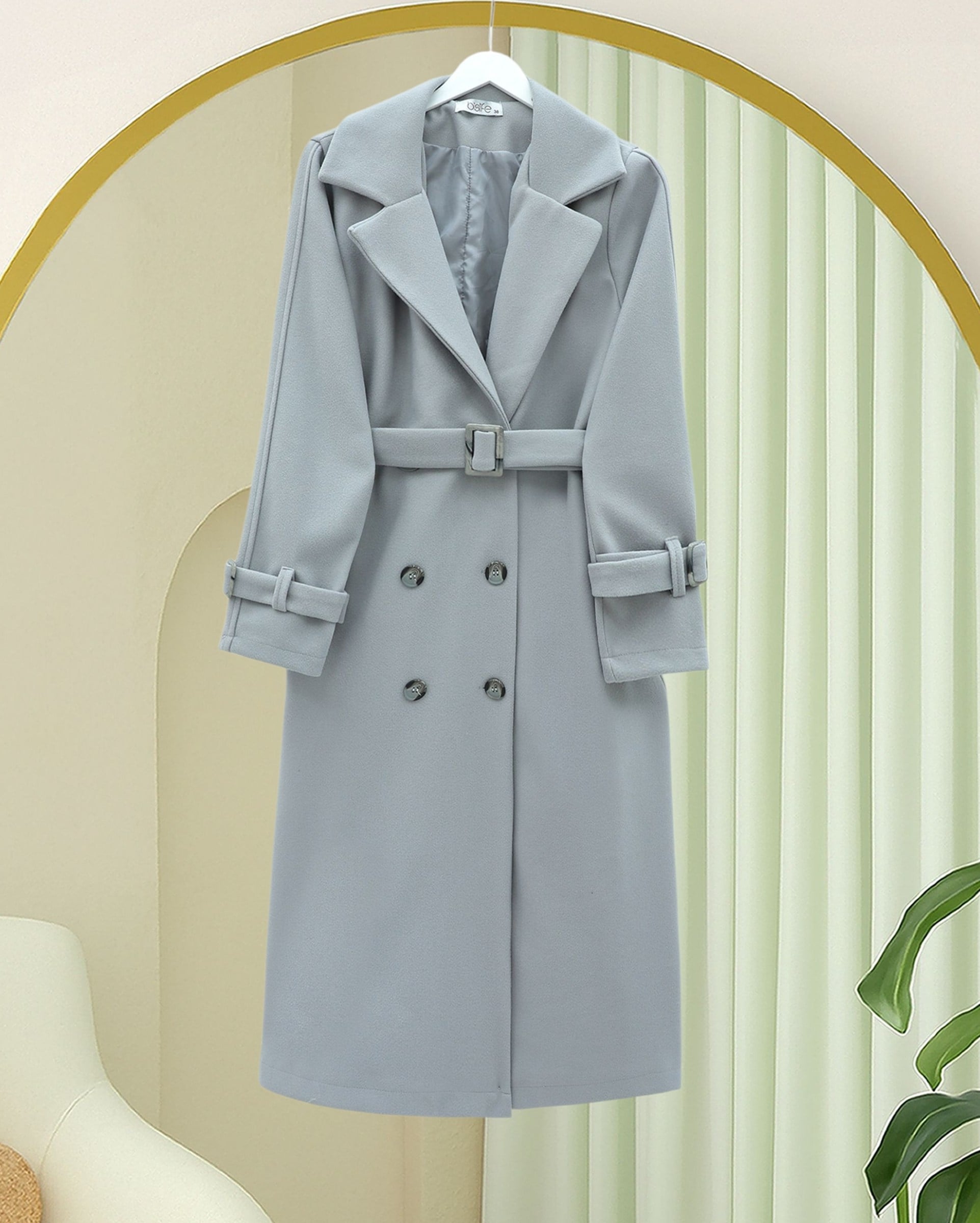 Önü Düğmeli Beli Ve Kolu Kemerli Cepli Astarlı Kaşe Kap  -Gri