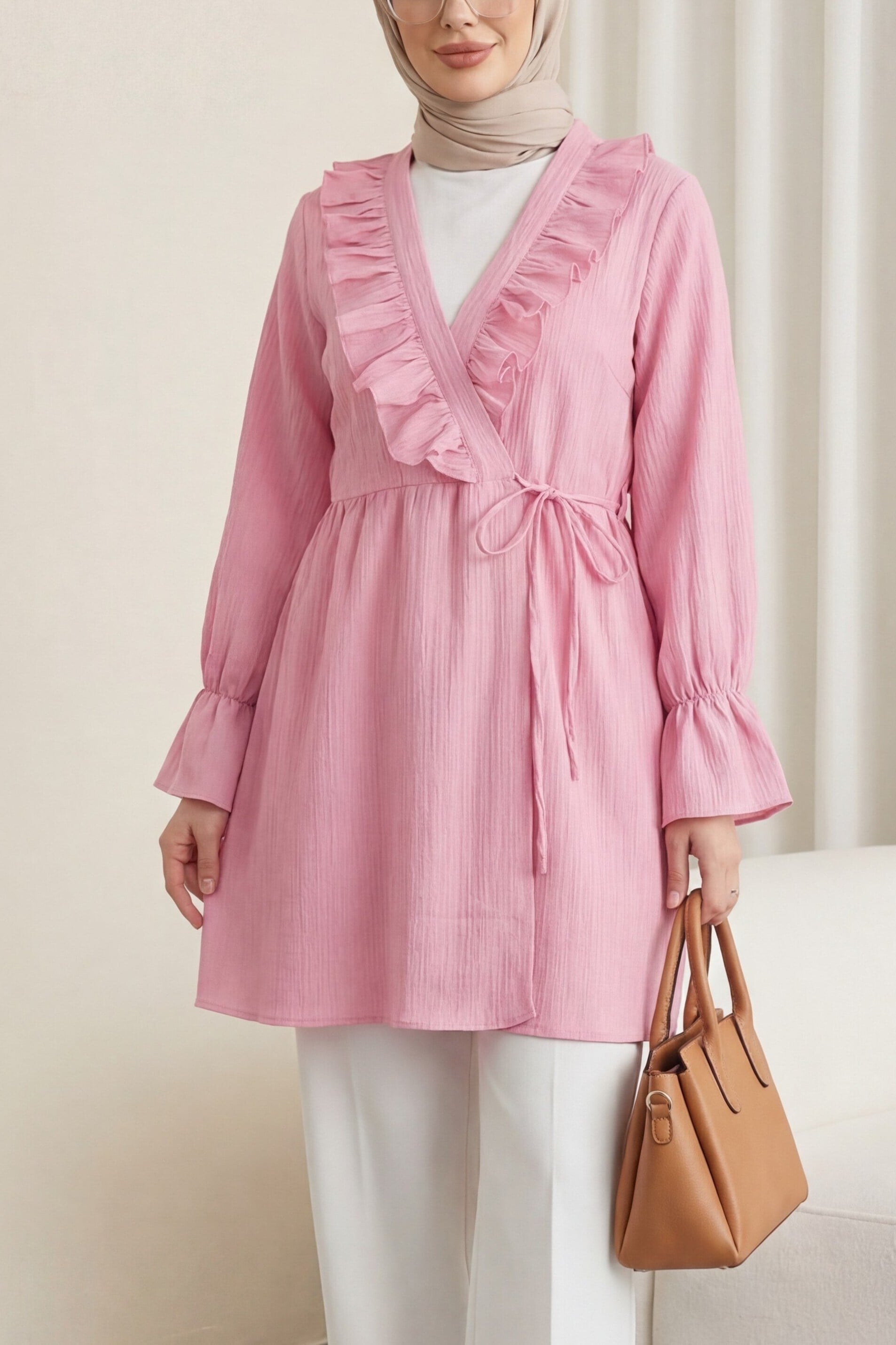Önü Fırfırlı Bağlamalı Krinkıl Kimono   -Pembe