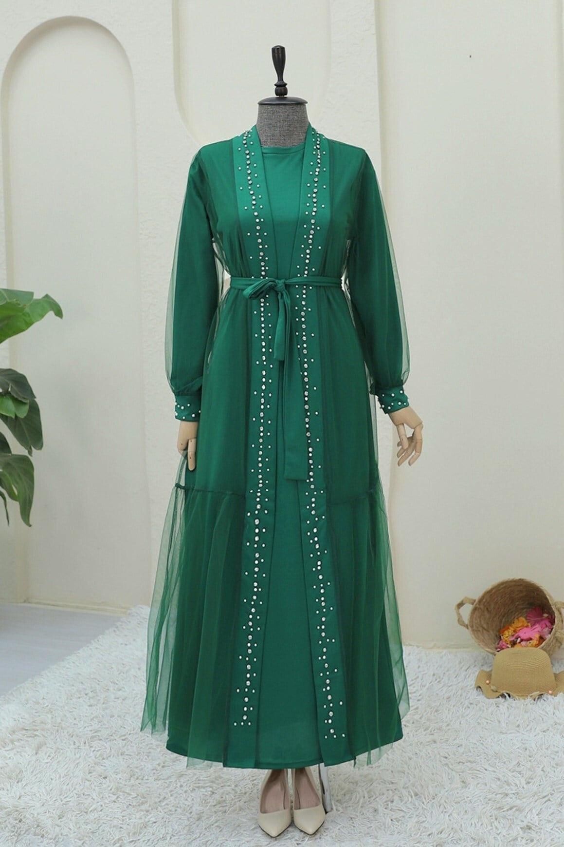 Önü Taş Ve İnci Detaylı Beli Bağcıklı İkili Abaya -Yeşil