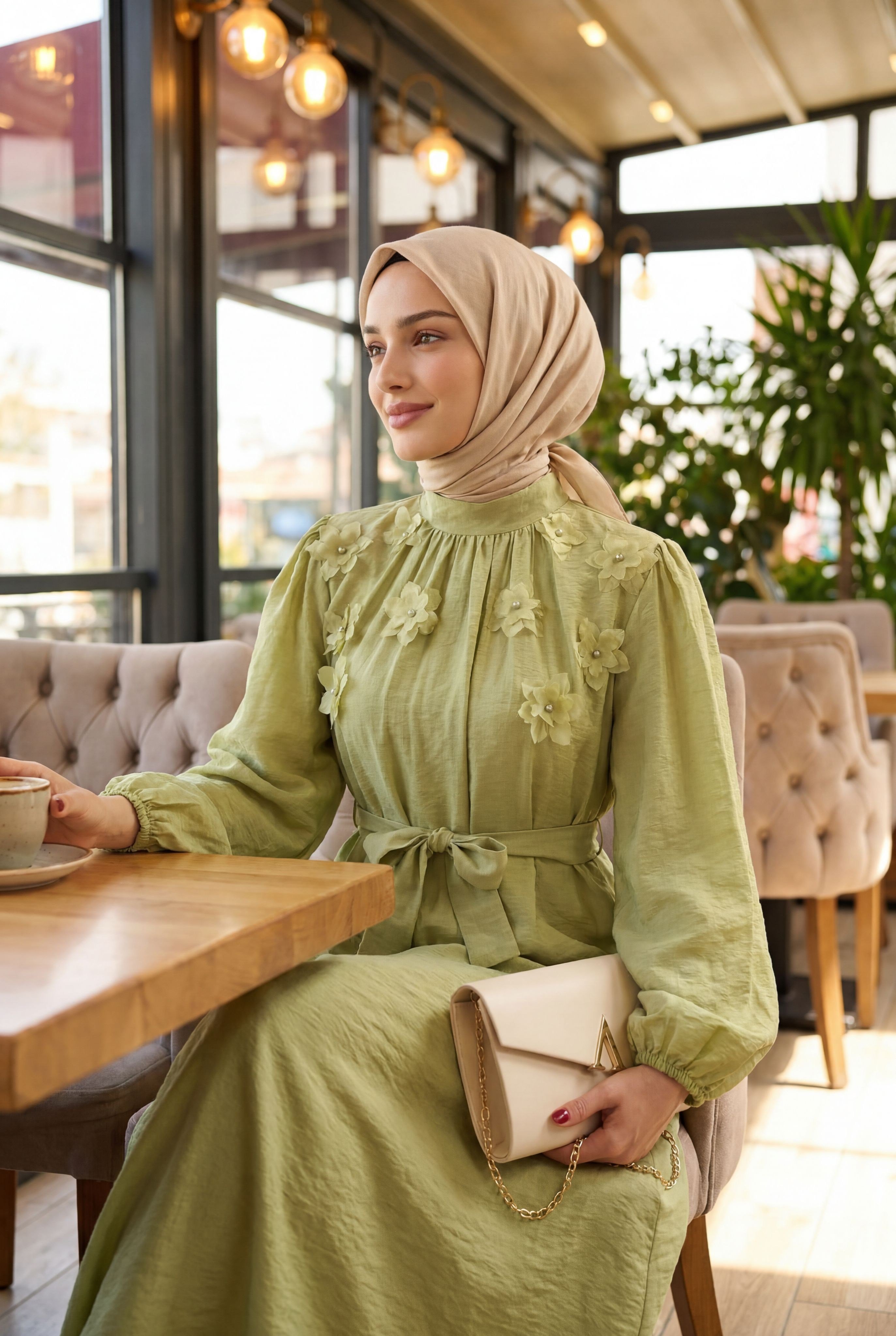 Önü Taşlı Çiçekli Beli Kemerli Astarlı Tül Modal Elbise  -Çağla Yeşili