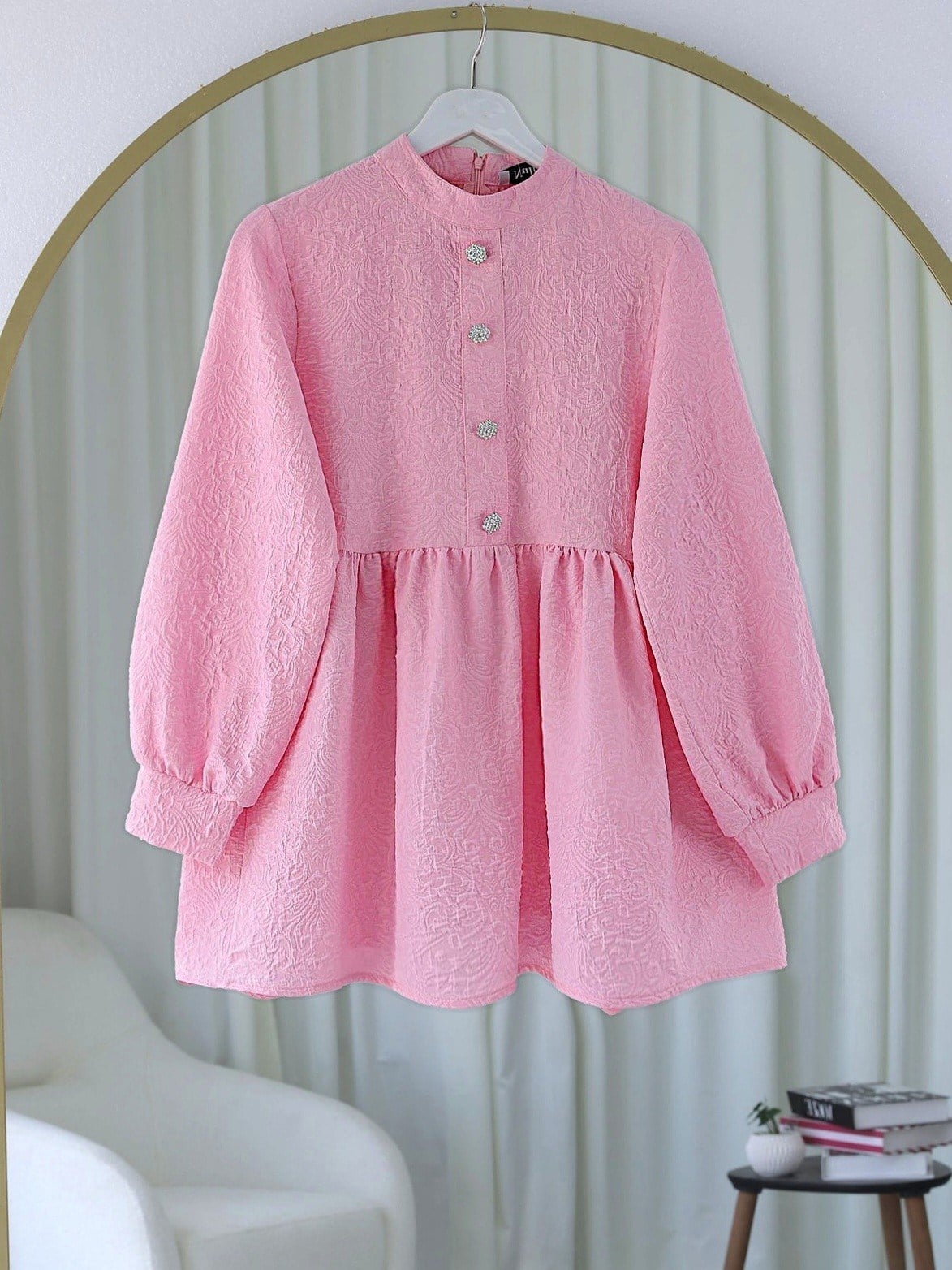 Önü Taşlı Düğme Detaylı Parçalı Arkası Fermuarlı Tunik -Pembe