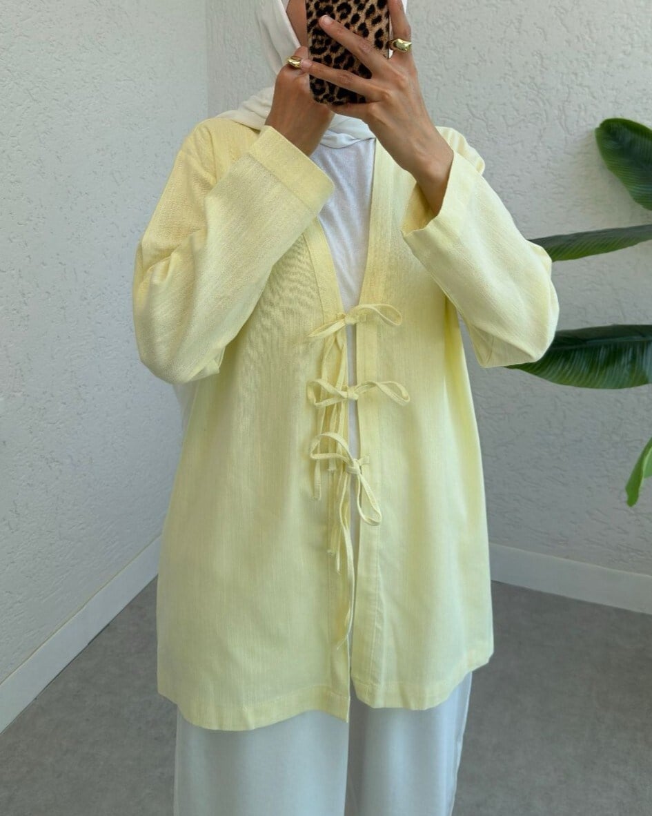 Önü Üç Bağcıklı Keten Görünümlü Kimono -Açık Sarı