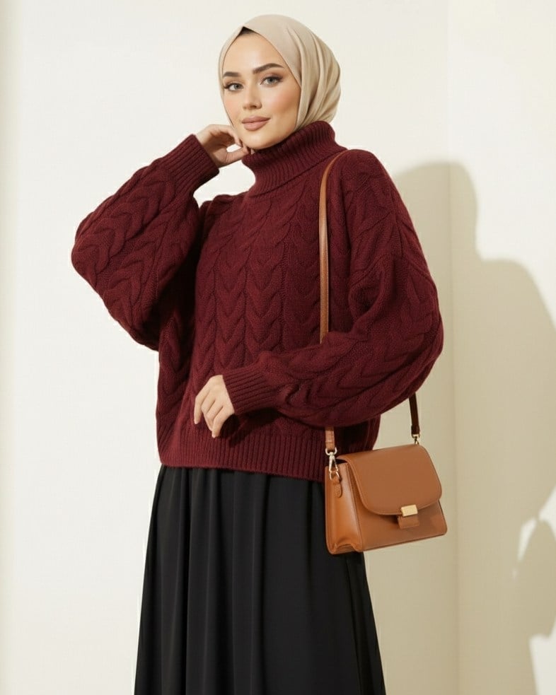 Örgü Desenli Boğazlı Triko Kazak  -Bordo