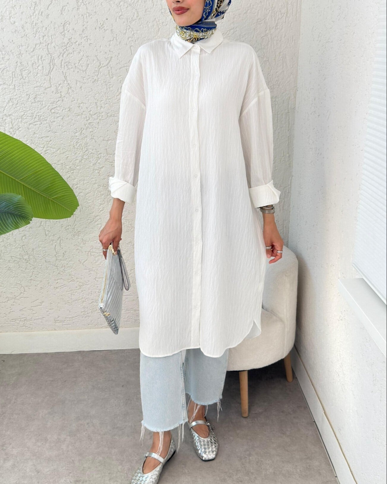 Oval Kesim Karaş Uzun Salaş Tunik -Beyaz