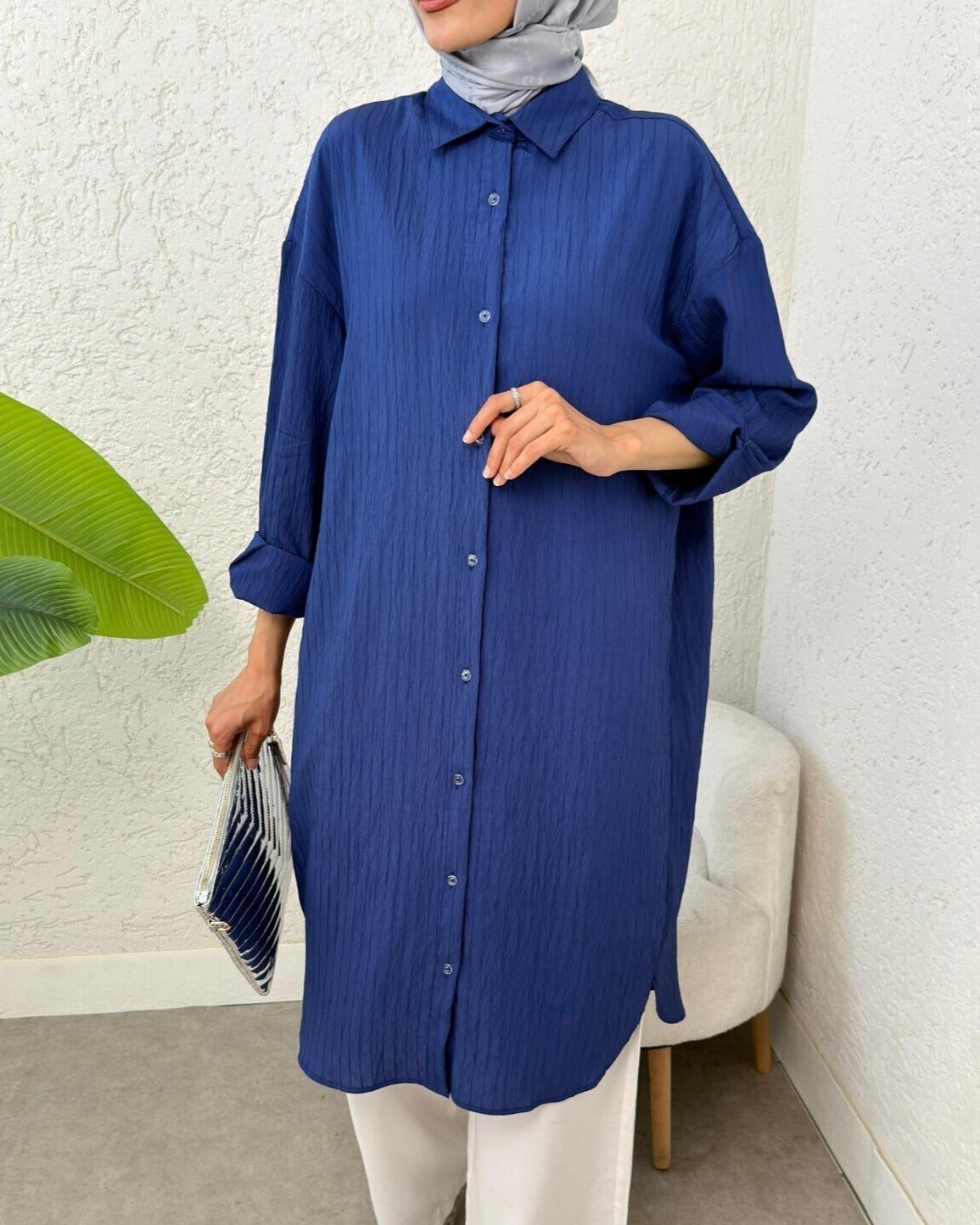 Oval Kesim Karaş Uzun Salaş Tunik -İndigo