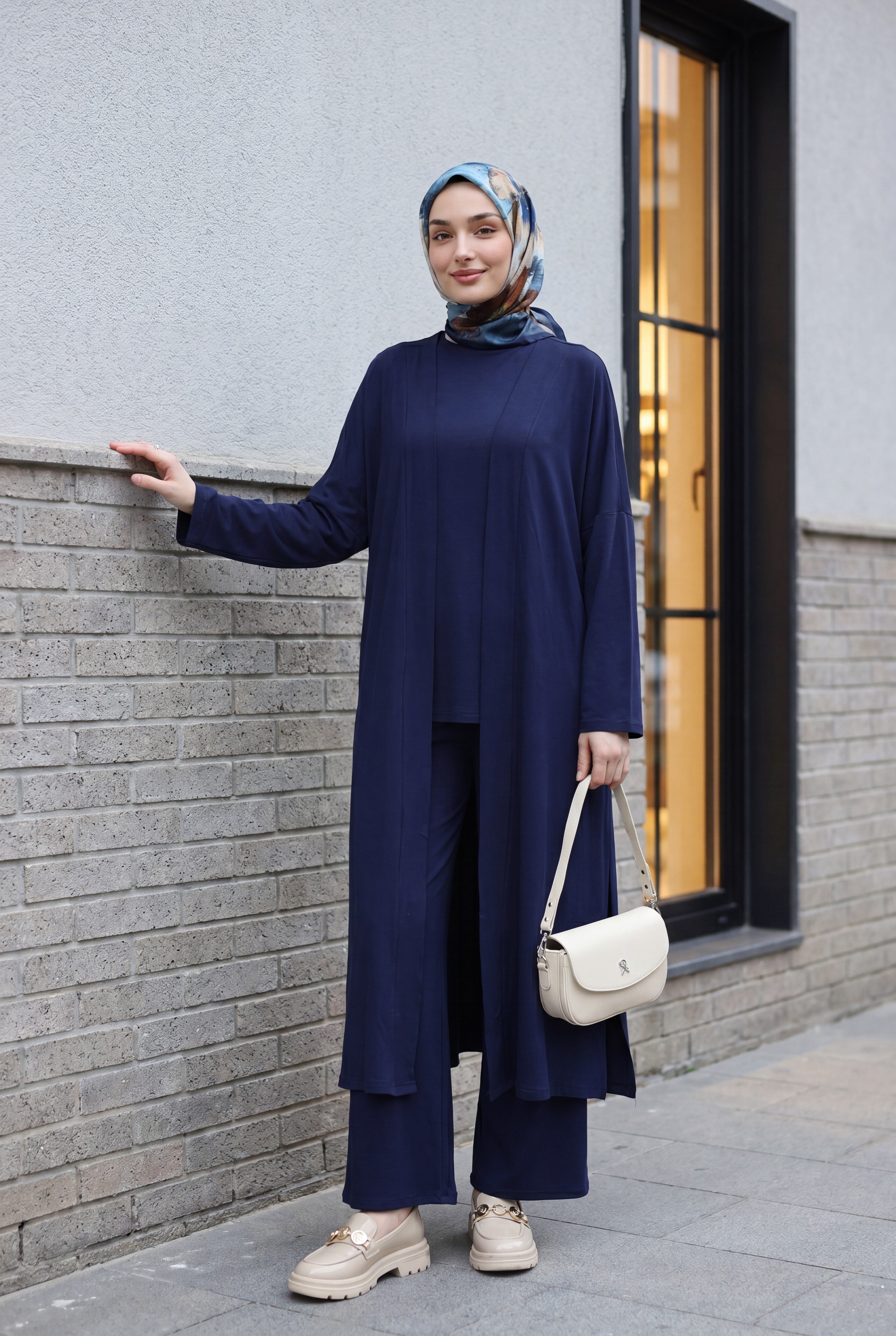 Pantolonu Cepli Likralı Oversize Üçlü Sendy Takım  -Lacivert