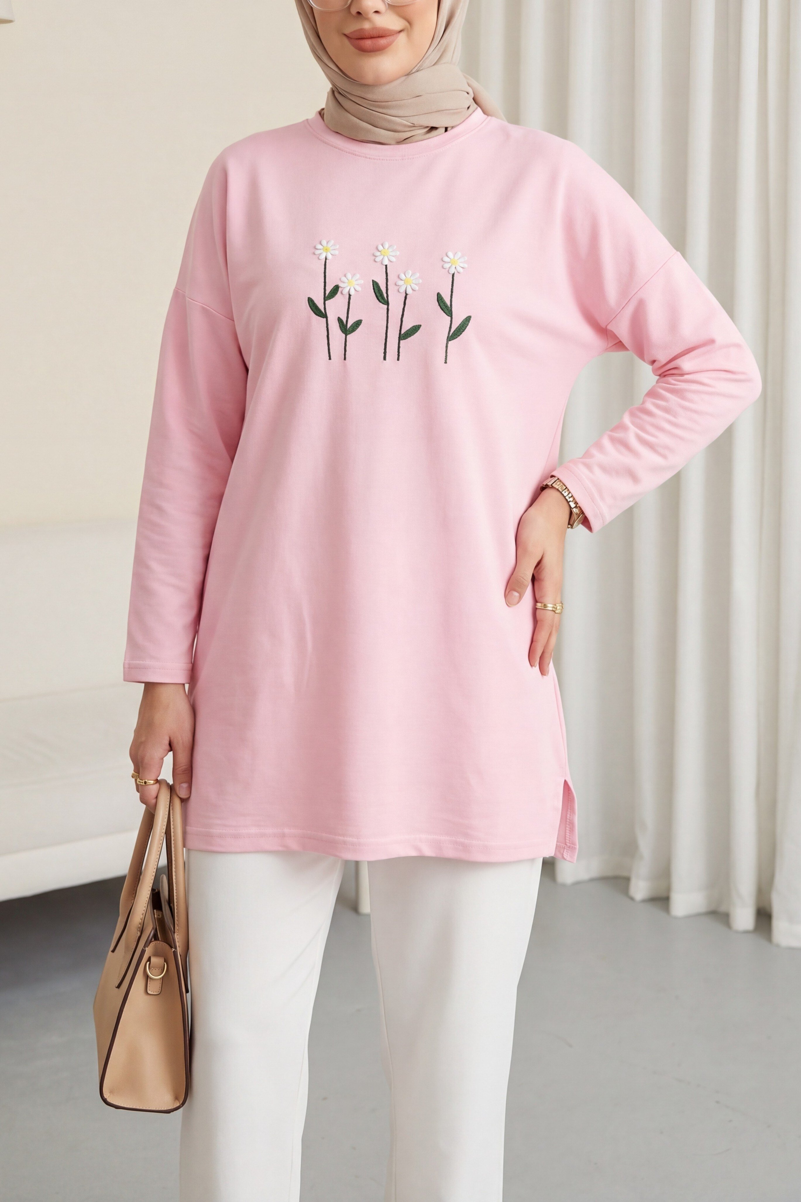 Papatya Nakışlı Yuvarlak Yaka Penye Tunik -Pembe