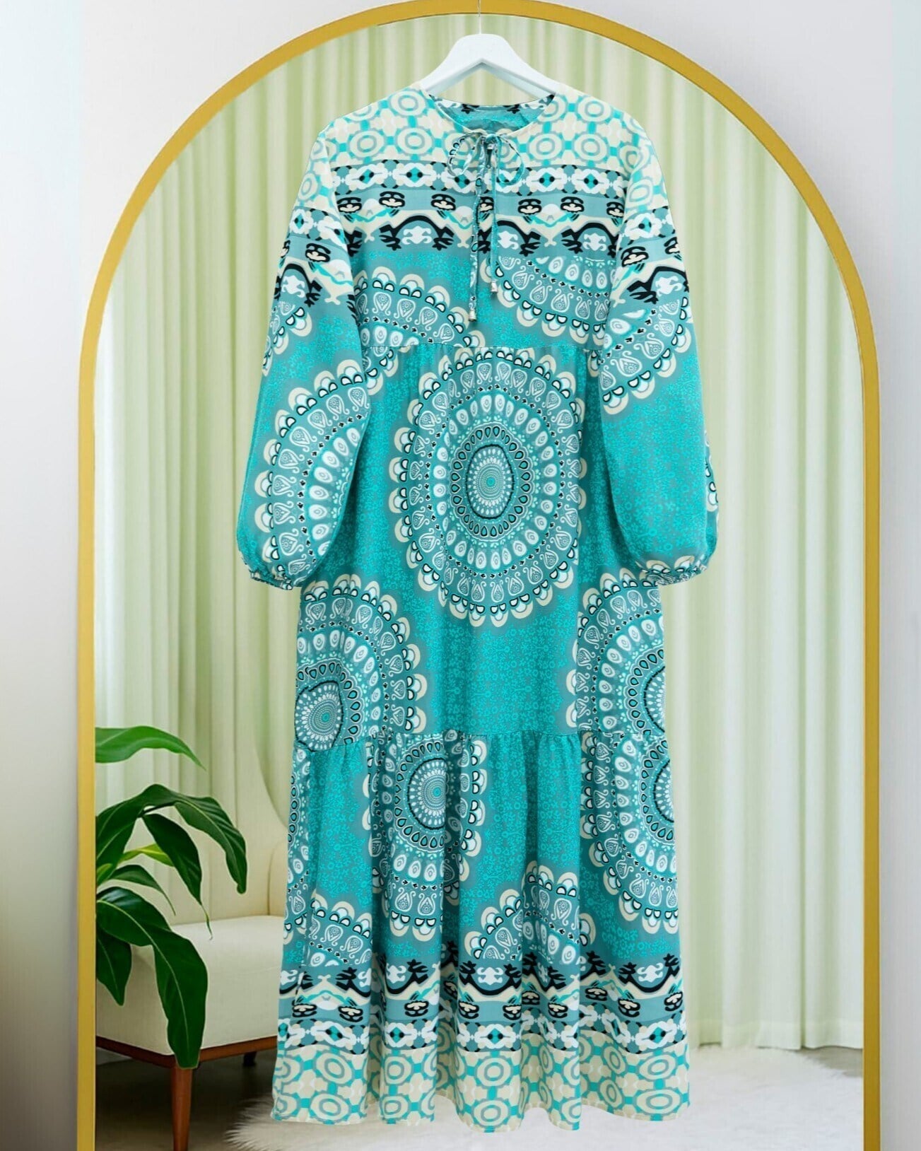 Parçalı Deseli Bağcıklı Kolu Lastikli Elbise  -Mint