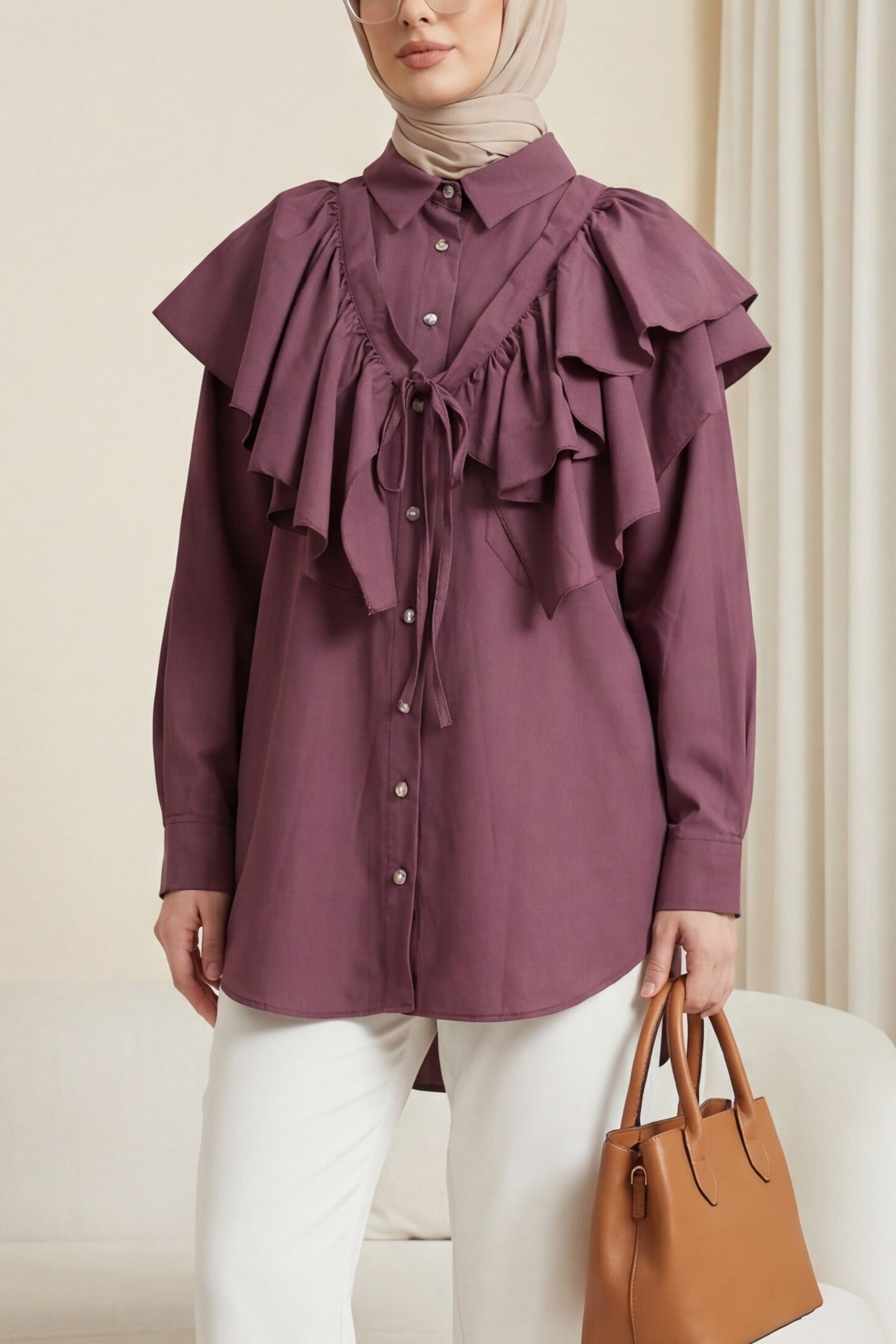 Pelerin Detaylı Düğmeli Oval Kesim Poplin Tunik -Vişne