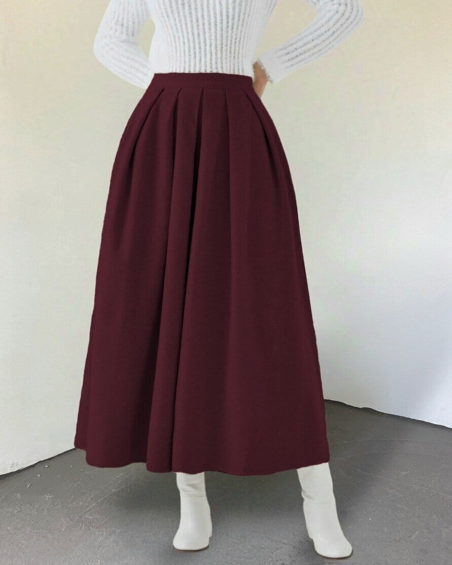 Pileli Fermuarlı Kaşe Etek  -Bordo