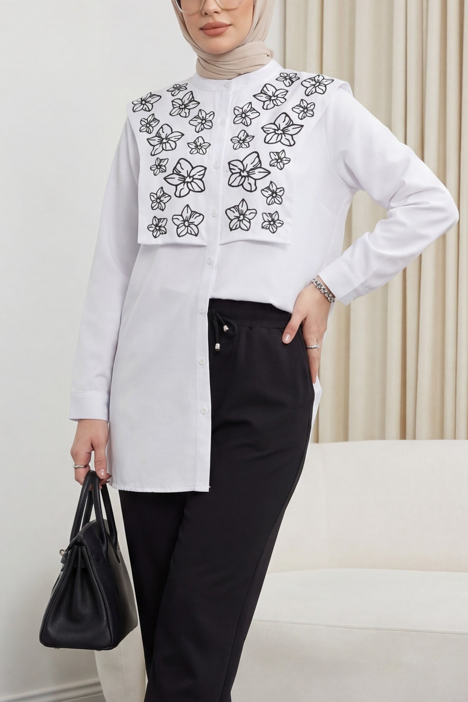 Plastron Detaylı Nakışlı Poplin Gömlek -Beyaz